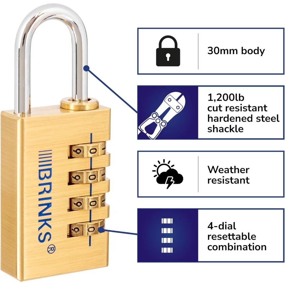 Heavy Duty 30mm Solid Brass Combination Padlock with Resettable Code and 1 3/16