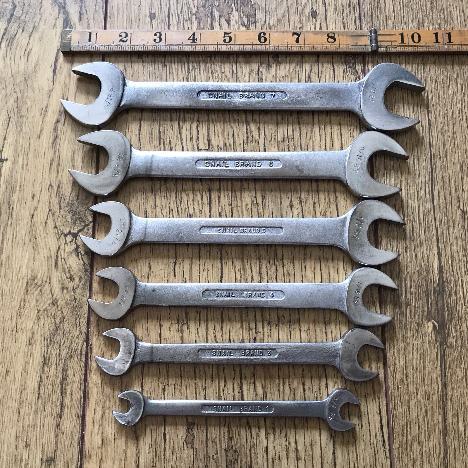 6 Vintage Snail Brand Chrome Vanadium Spanner’s 9/16” To 1/8” Whitworth.