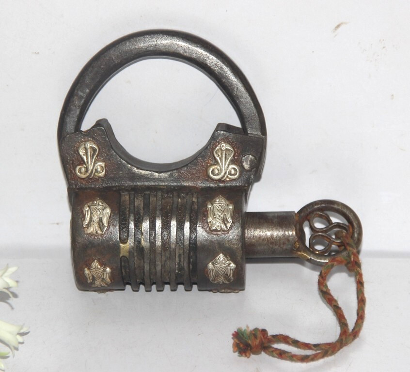 Antique Iron Silver Snake Engraved Solid Lock With 1Key Handcrafted Old Original