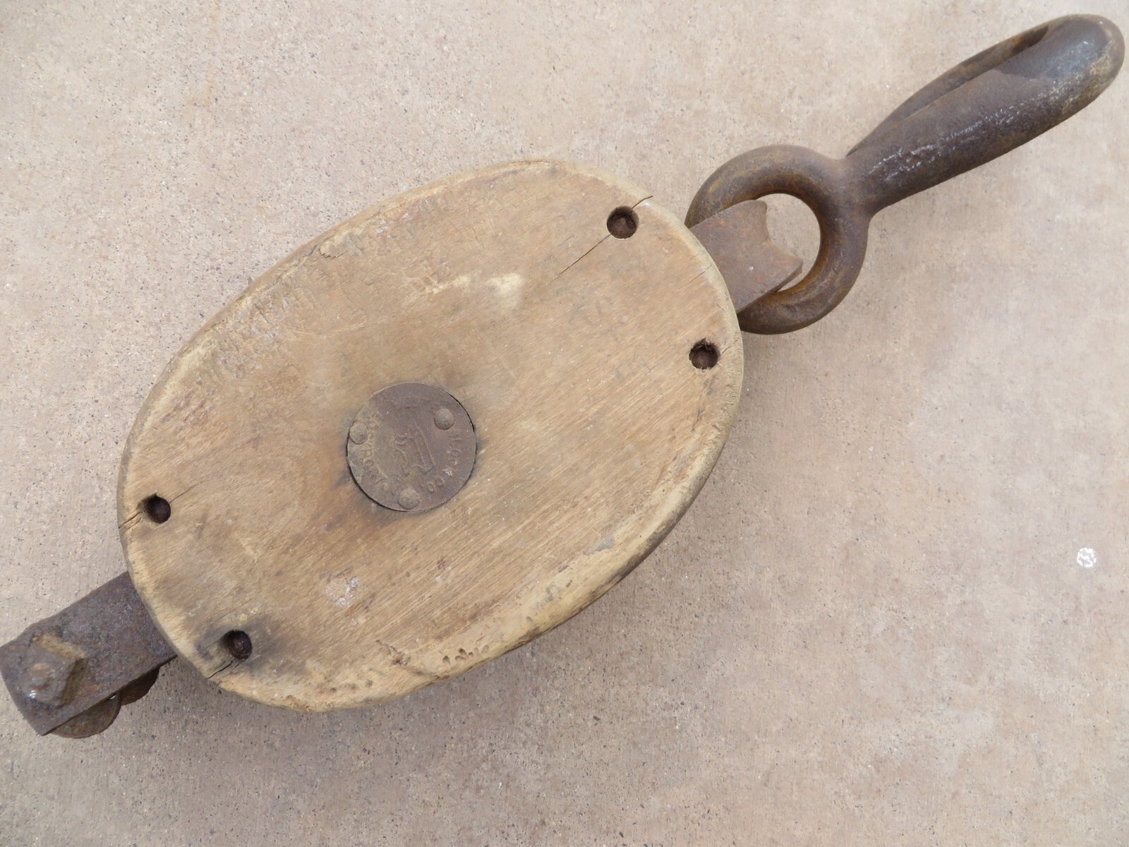 Wood Pulley with Iron Hook, Western Block Co. Anvil Logo. Vintage Single Pulley,