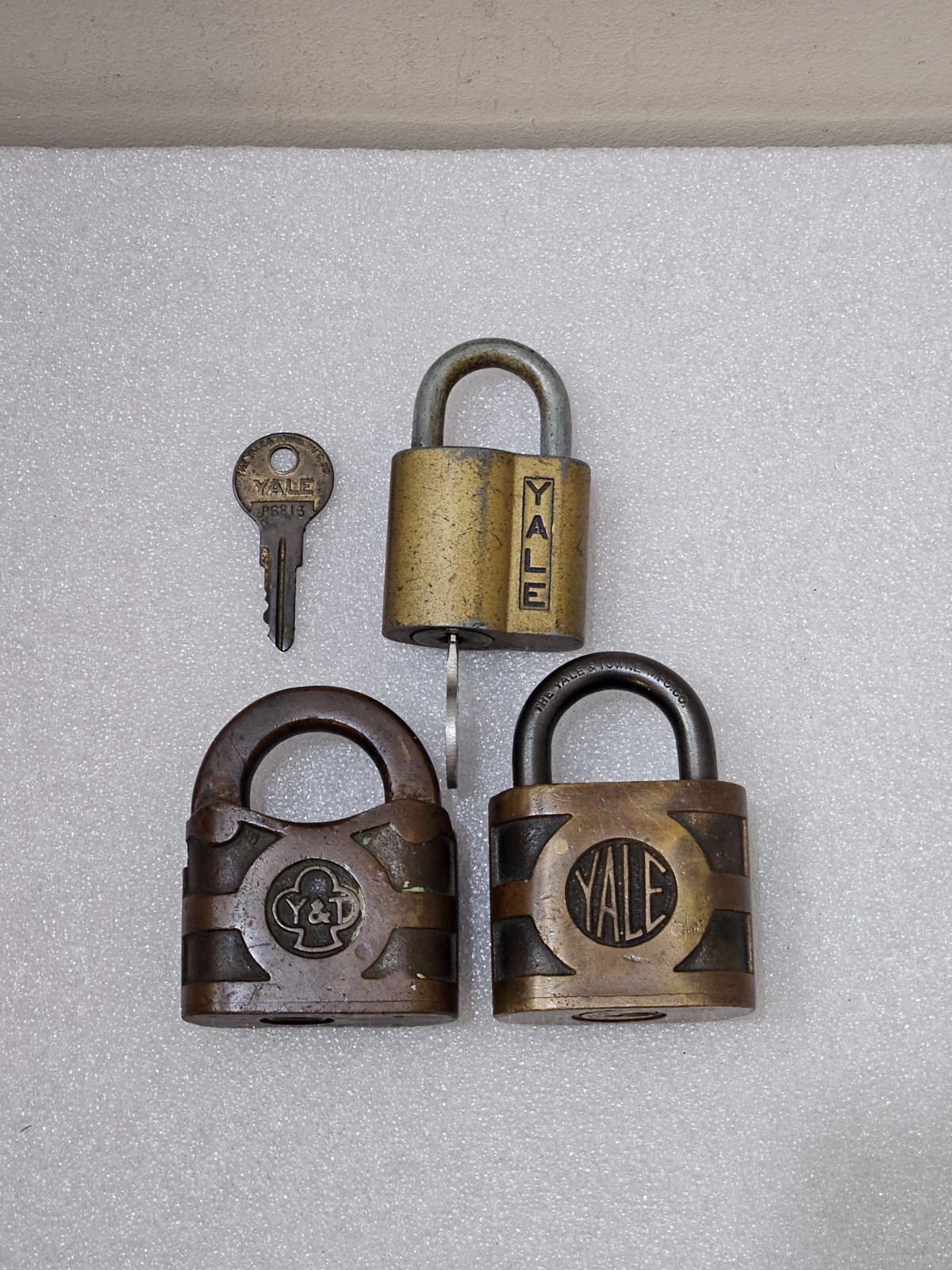 Vintage Lot of 3 Brass Yale Padlocks, 2 with no key, 1 with a key and PS813 key