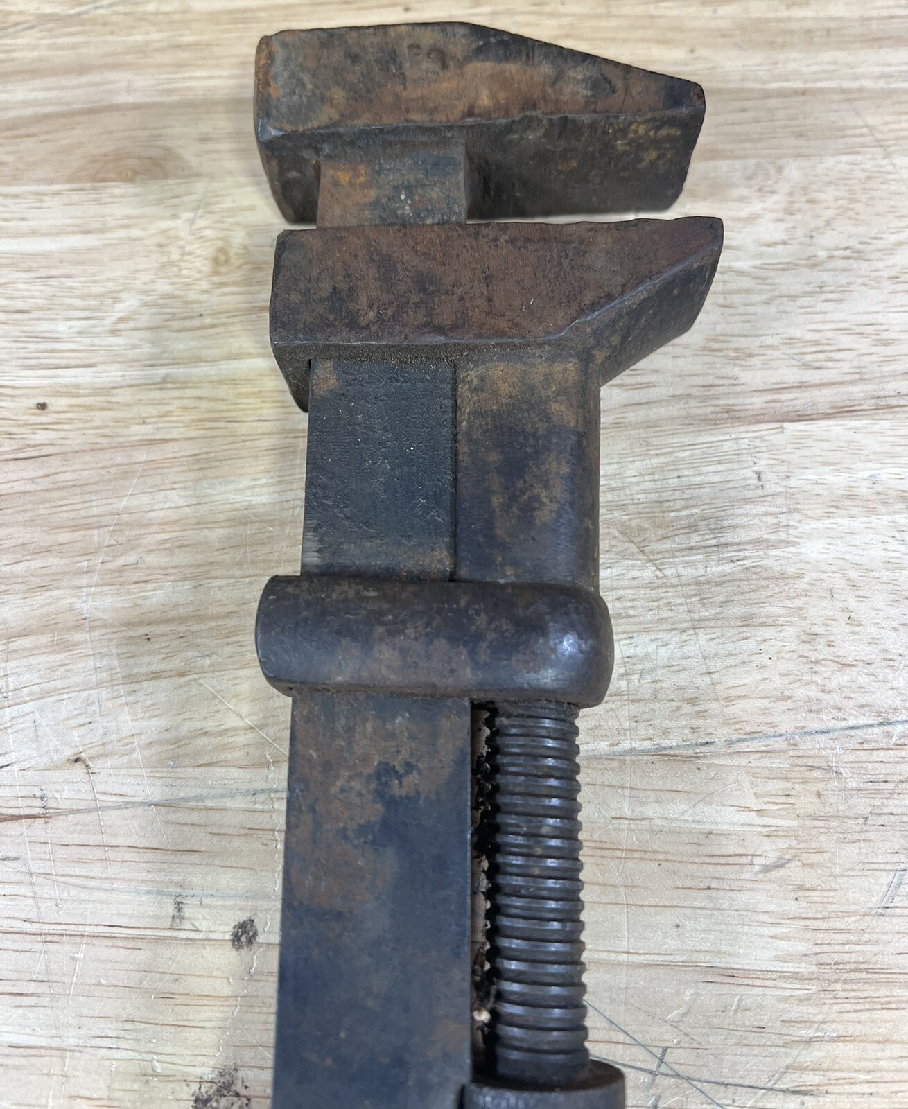 Antique Adjustable 15” Heavy Duty Monkey Wrench Wood Handle Solid Metal