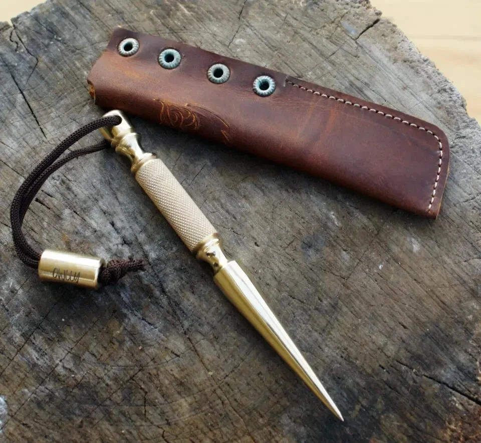 Marlin Spike Knurled Handle, Brass Collectible and Knot Tool for Hiking and Camp