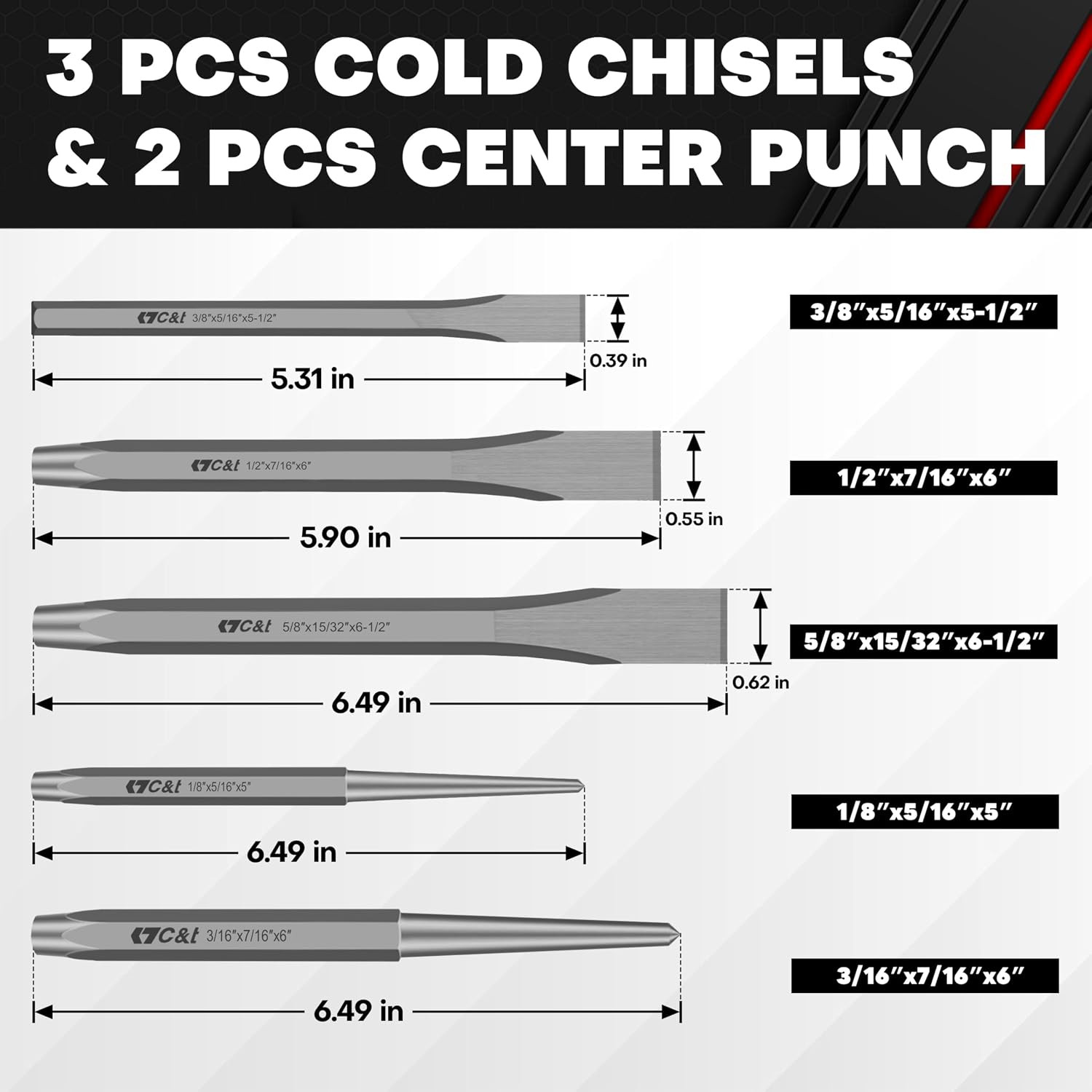 16Piece Heavy Duty Cold Chisel Set 3/8 1/2 5/8 Inch All Purpose for Metal Wood