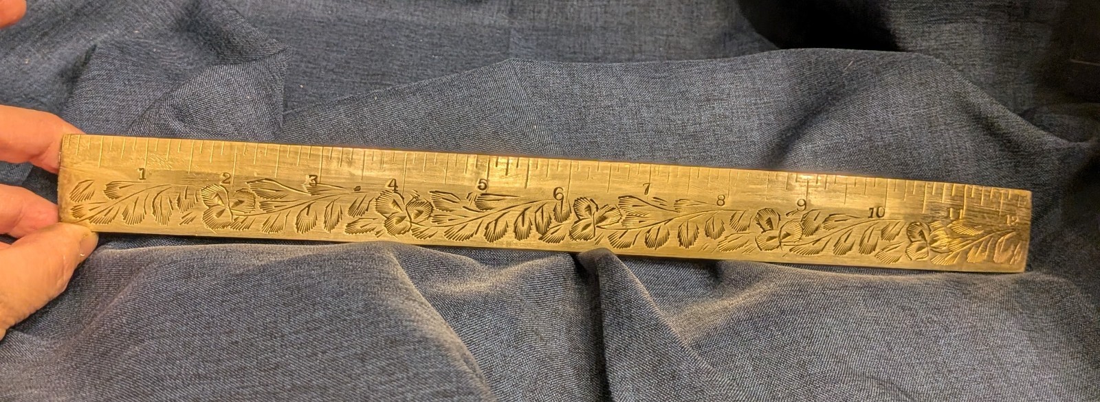 India Vintage Original Brass Ruler Floral Etched, Inch Markings