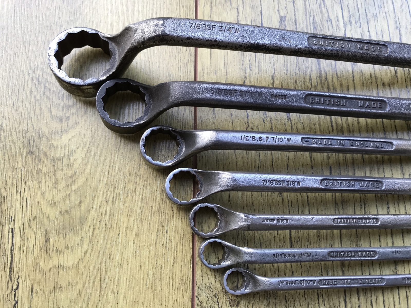 7 Vintage Garringtons Kestrel 3/4″ To 1/8″ Whitworth Ring Spanners.