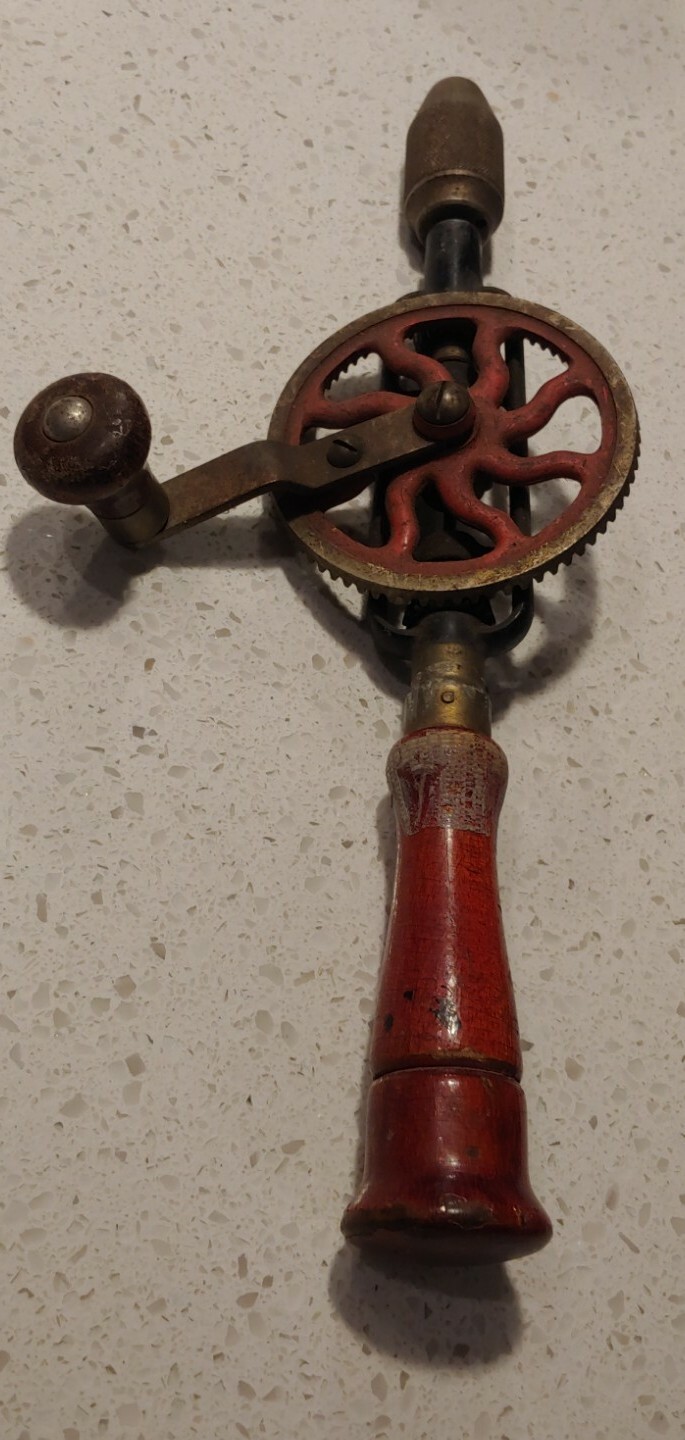 Miller Falls # 2-01 Egg Beater Hand Crank WoodWorker Drill w/Bit Storage ⅜ Chuck