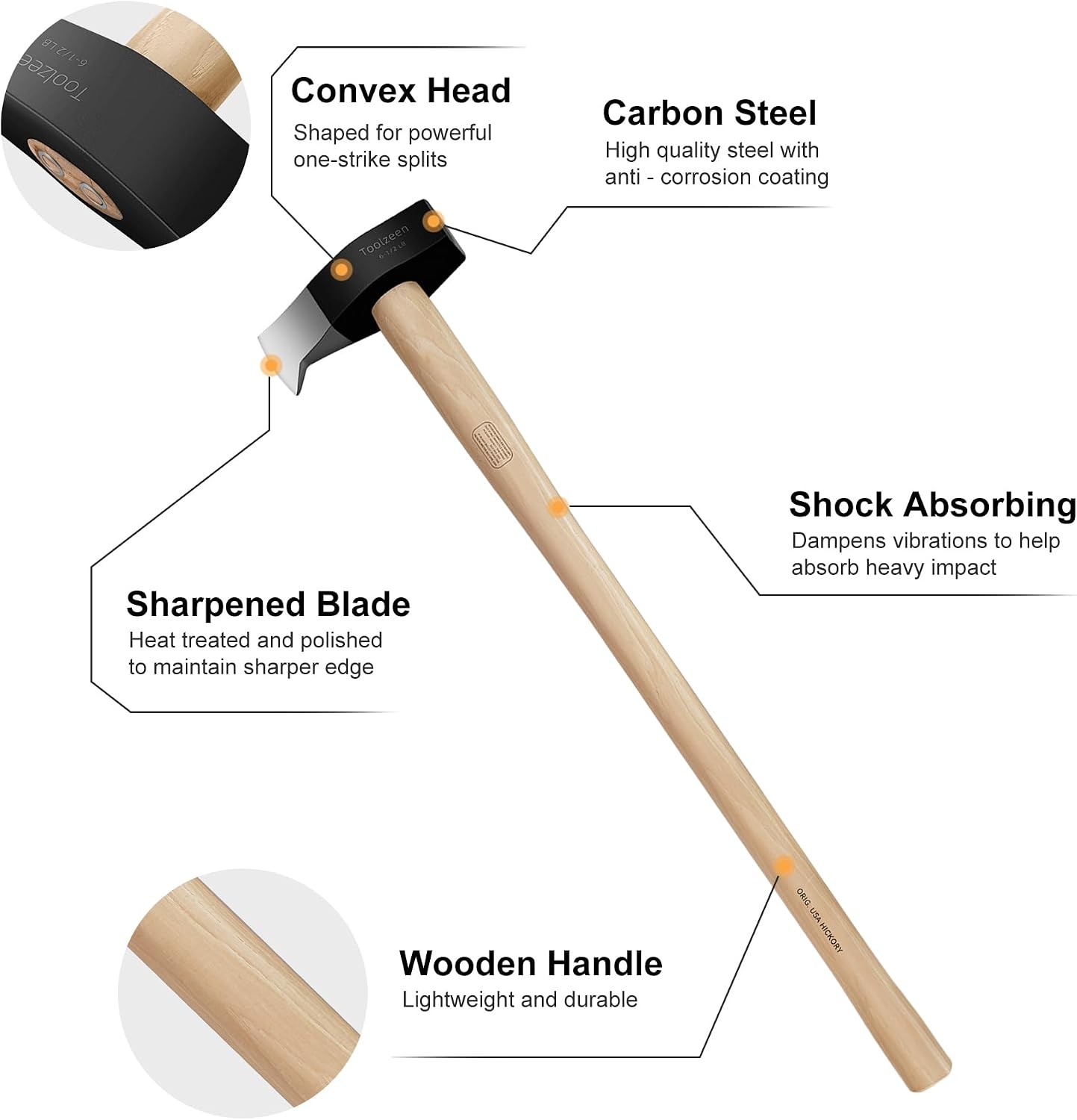 Heavy Duty 6.5 Lbs Splitting Maul Axe with 36″ Ergonomic Hickory Handle