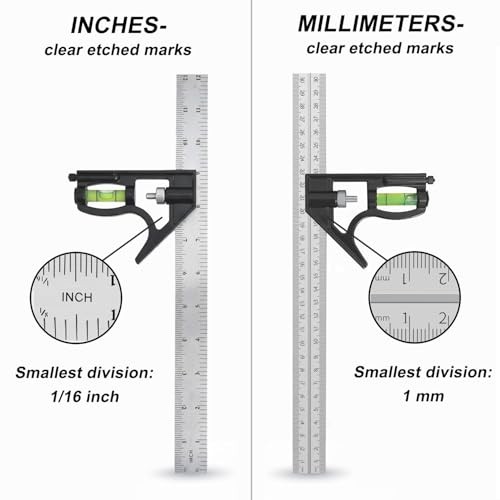 12-Inch Combination Square, Metric & Imperial, Etched 1/16 in & 1 mm