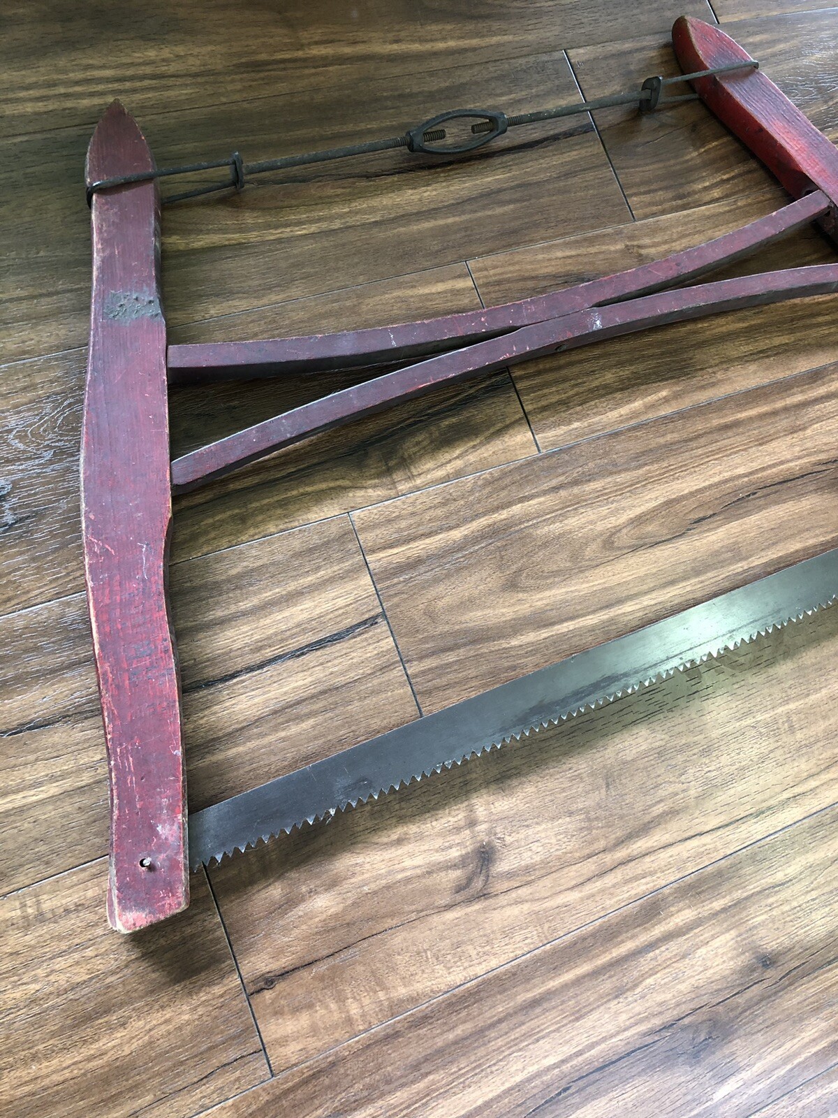 VINTAGE ANTIQUE CROSS CUT WOOD BUCK / BOW SAW 29in BARN TOOL OX BLOOD RED