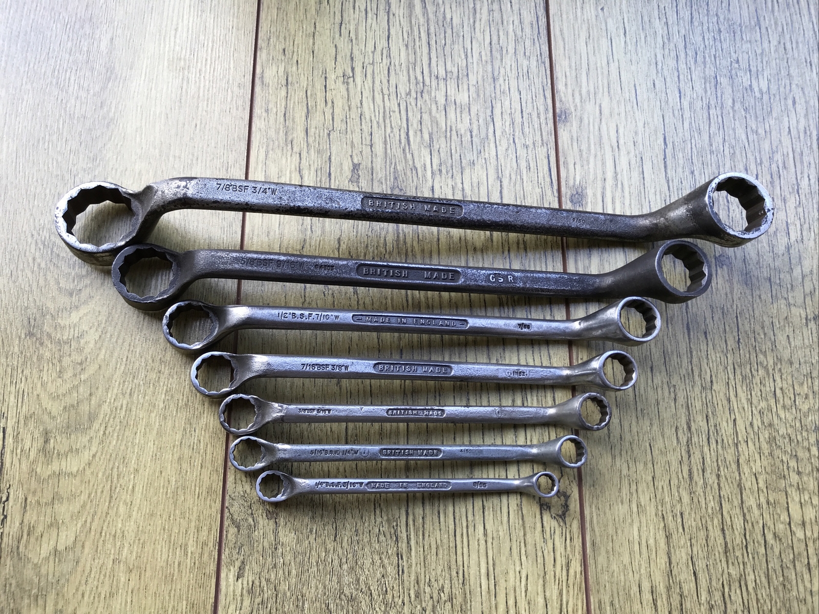 7 Vintage Garringtons Kestrel 3/4″ To 1/8″ Whitworth Ring Spanners.