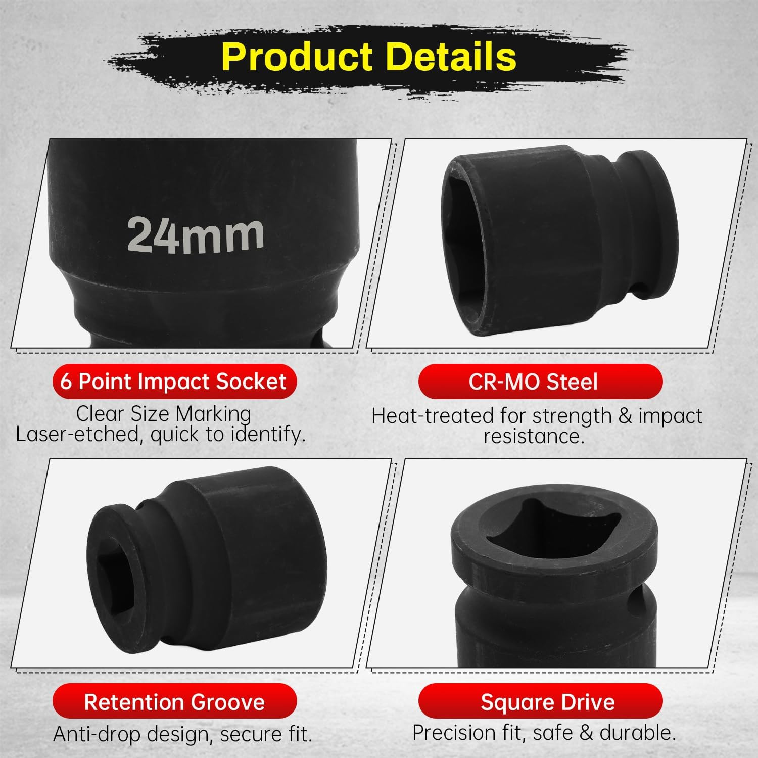 1/2 Inch Drive 24Mm Deep Impact Socket, CR-MO 6 Point Heavy Duty Metric Axle Nu