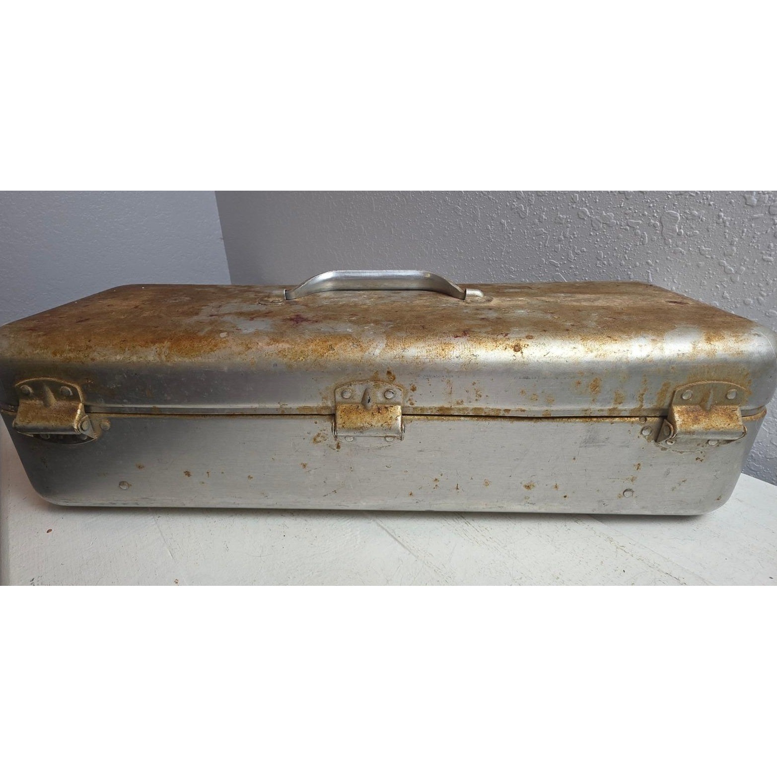 Vintage Aluminum Toolbox Industrial Metal Storage Chest Rustic Patina Handle