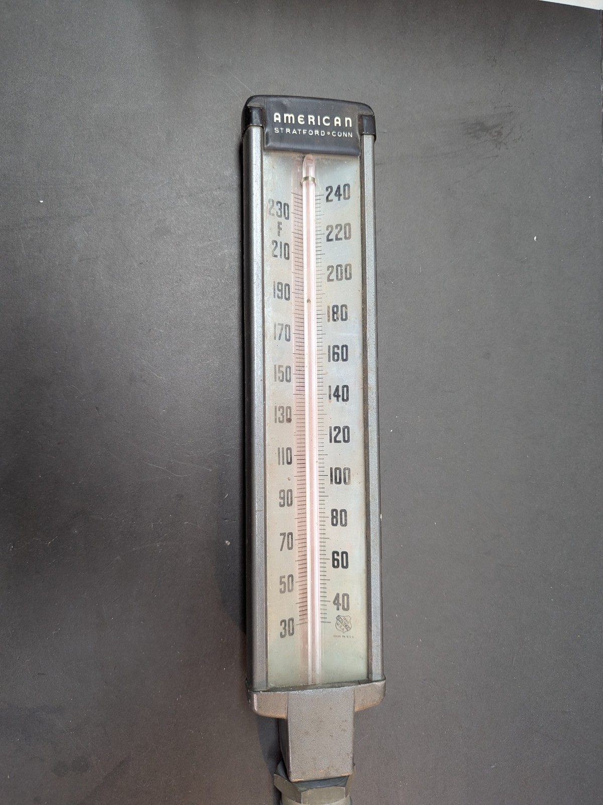 American Stratford Conn Angle Industrial Steampunk Large Thermometer 0-240 USA