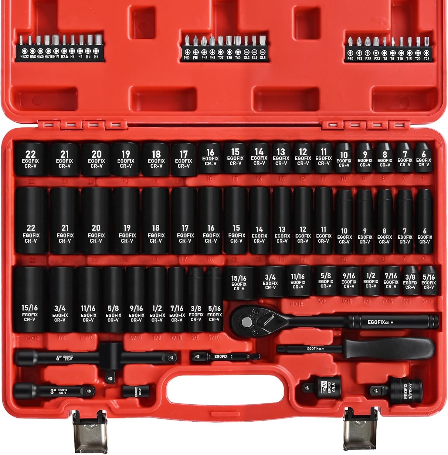 3/8″ Drive Impact Socket Set, 90 Piece Metric Socket (6-22mm) and Standard SAE