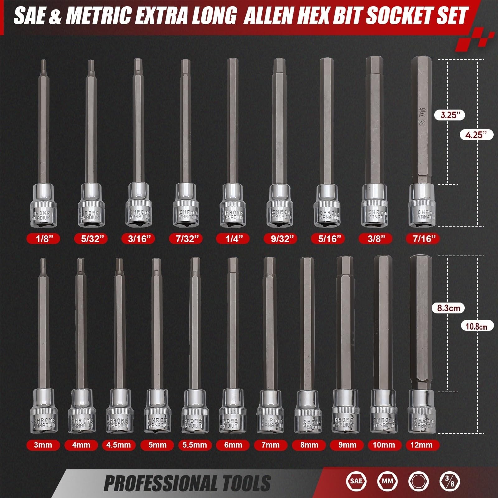 Extra-Long Allen Hex Bit Socket Set,20-Piece 3/8 Inch Drive,Standard SAE &