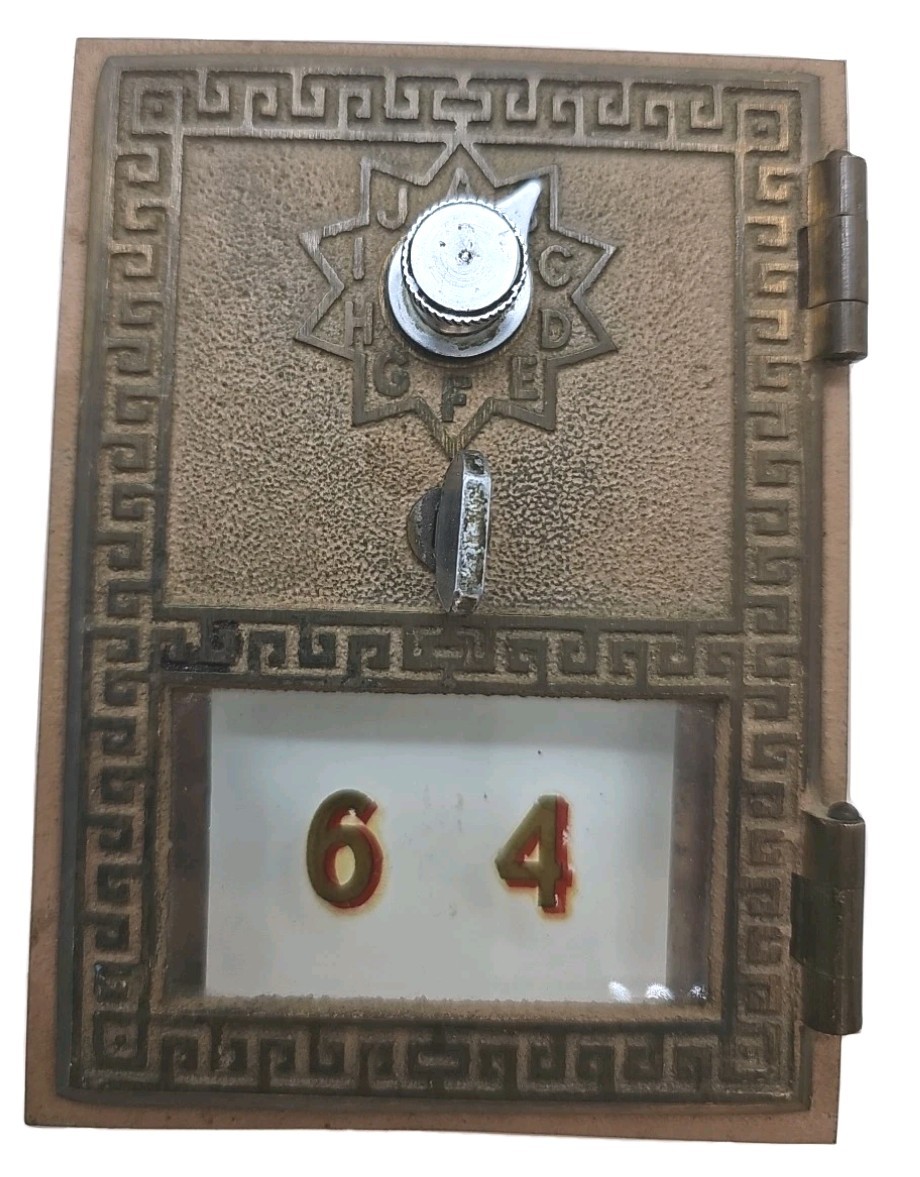 Vtg 1950’s Historical Brass Post Office PO Mail Door # 64 Keyless Combination…