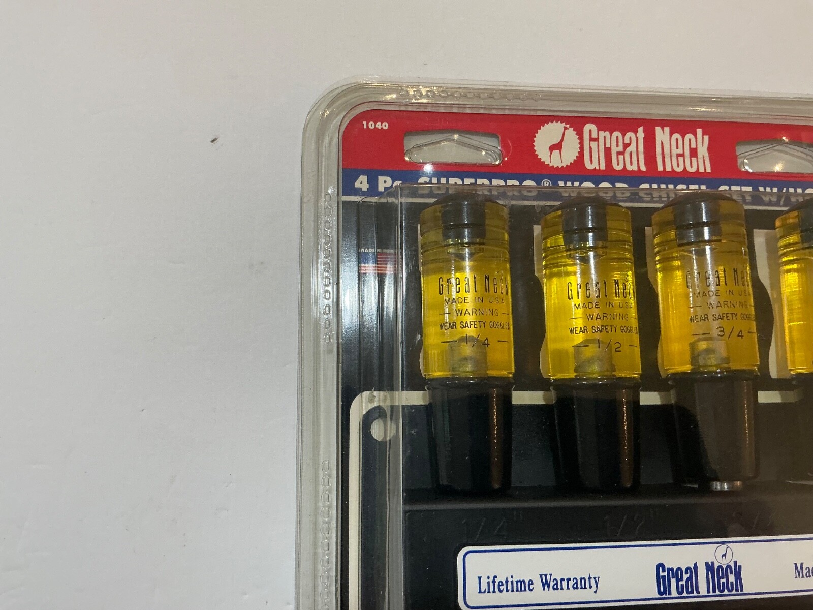 NOS Great Neck 4 piece Superpro wood chisel set 1040, 1/4”, 1/2”, 3/4”, 1” USA