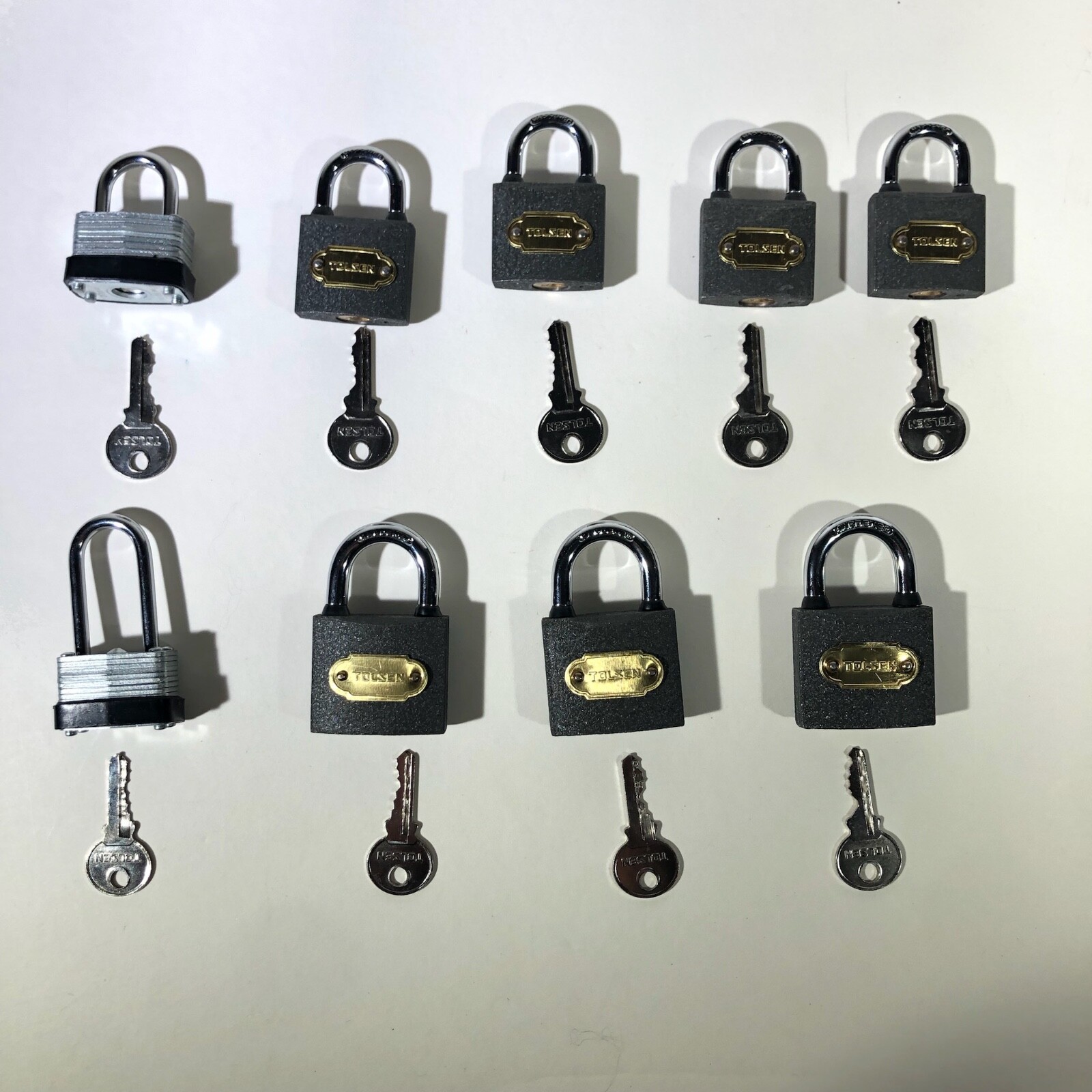 Set of 9 Heavy Duty Padlocks with Keys: 7 Tolsen Cast Iron + 2 Master Silver
