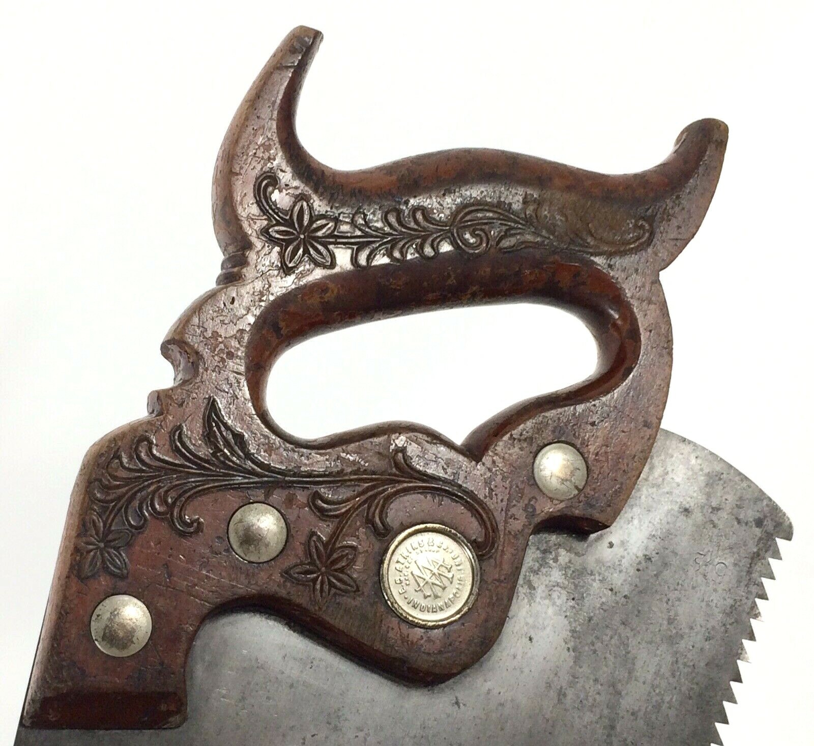 Vtg EC Atkins Co PERFECTION No. 53 Silver Steel Ornate Hand Saw Pat 1887 USA 26″