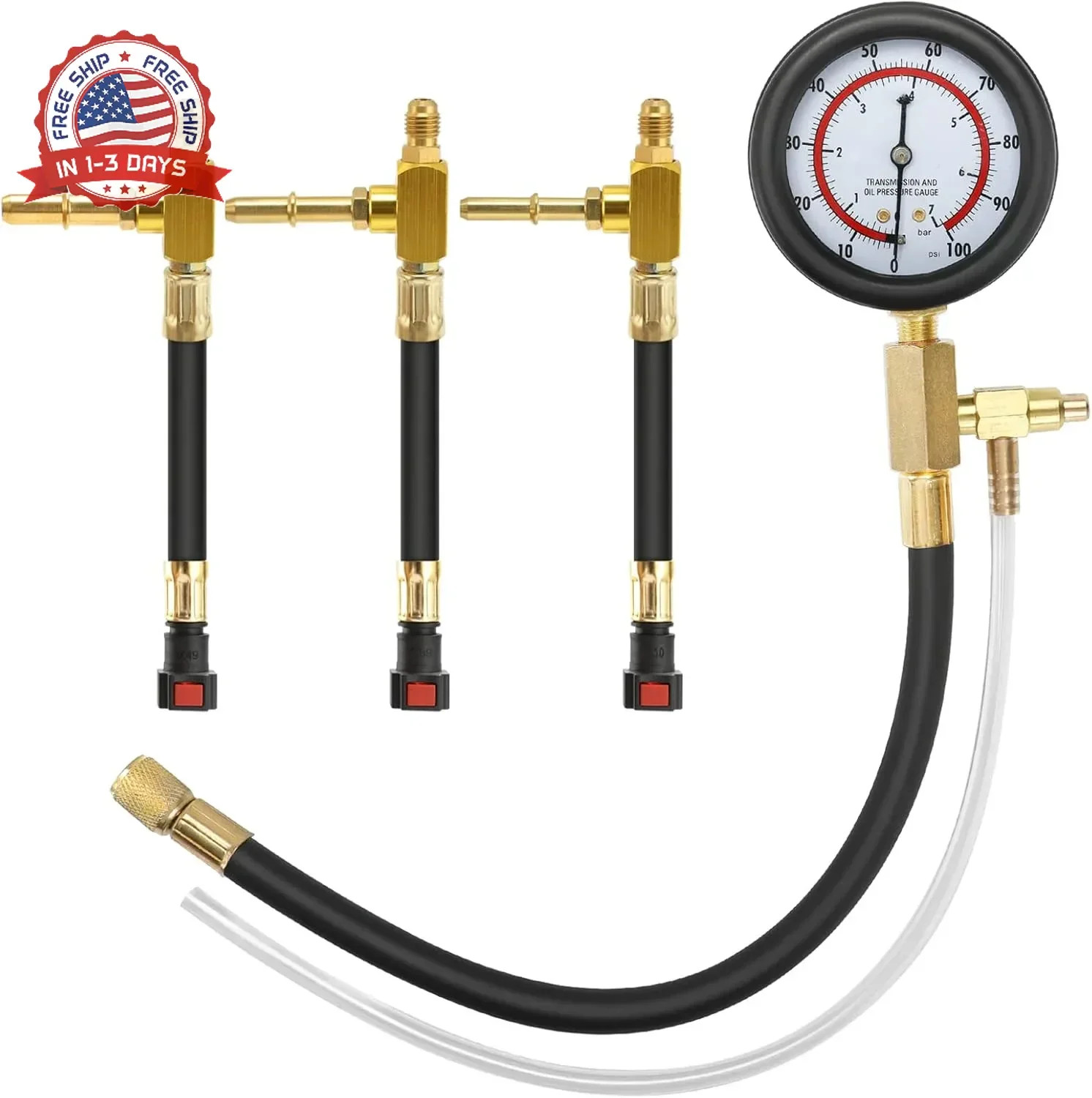 Fuel Pressure Test Kit 0-100PSI Brass Hose Adapters SAE 1/4 5/16 3/8 for Engine