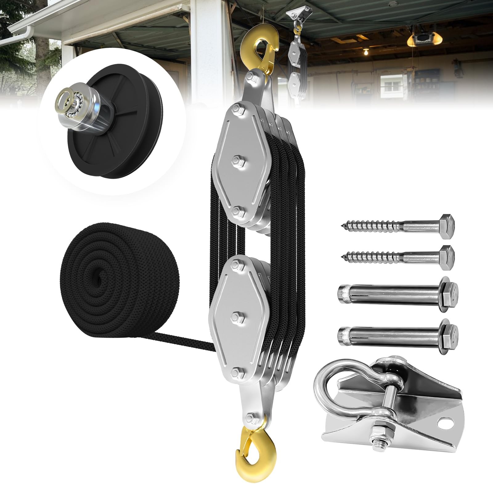 YATOINTO Rope Hoist Pulley System, UPGRADED-4wheels+swing hanger, black