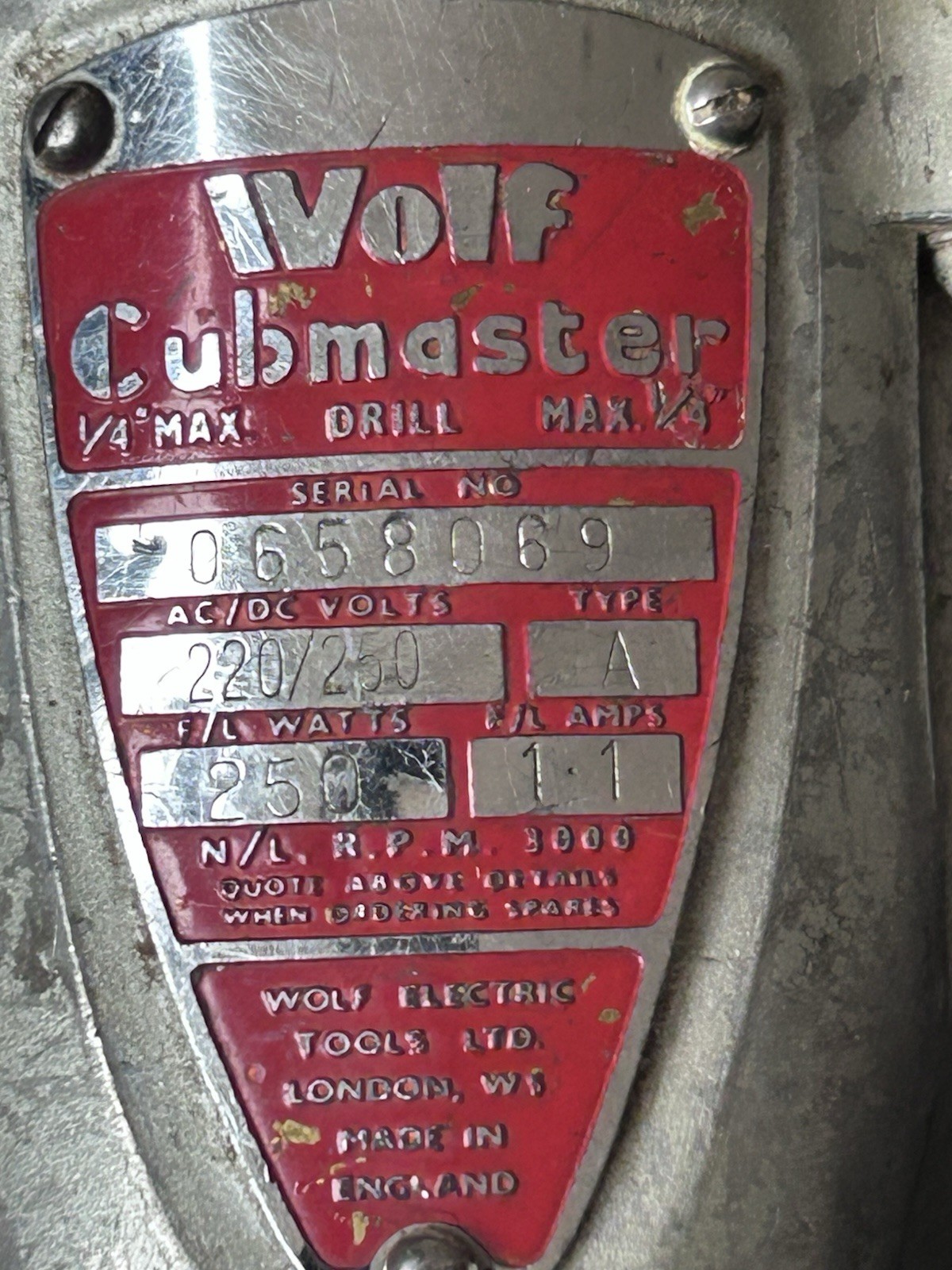 Vintage Wolf Cubmaster Electric Drill Type A 250W 1/4in Chuck UK Working(gr1)