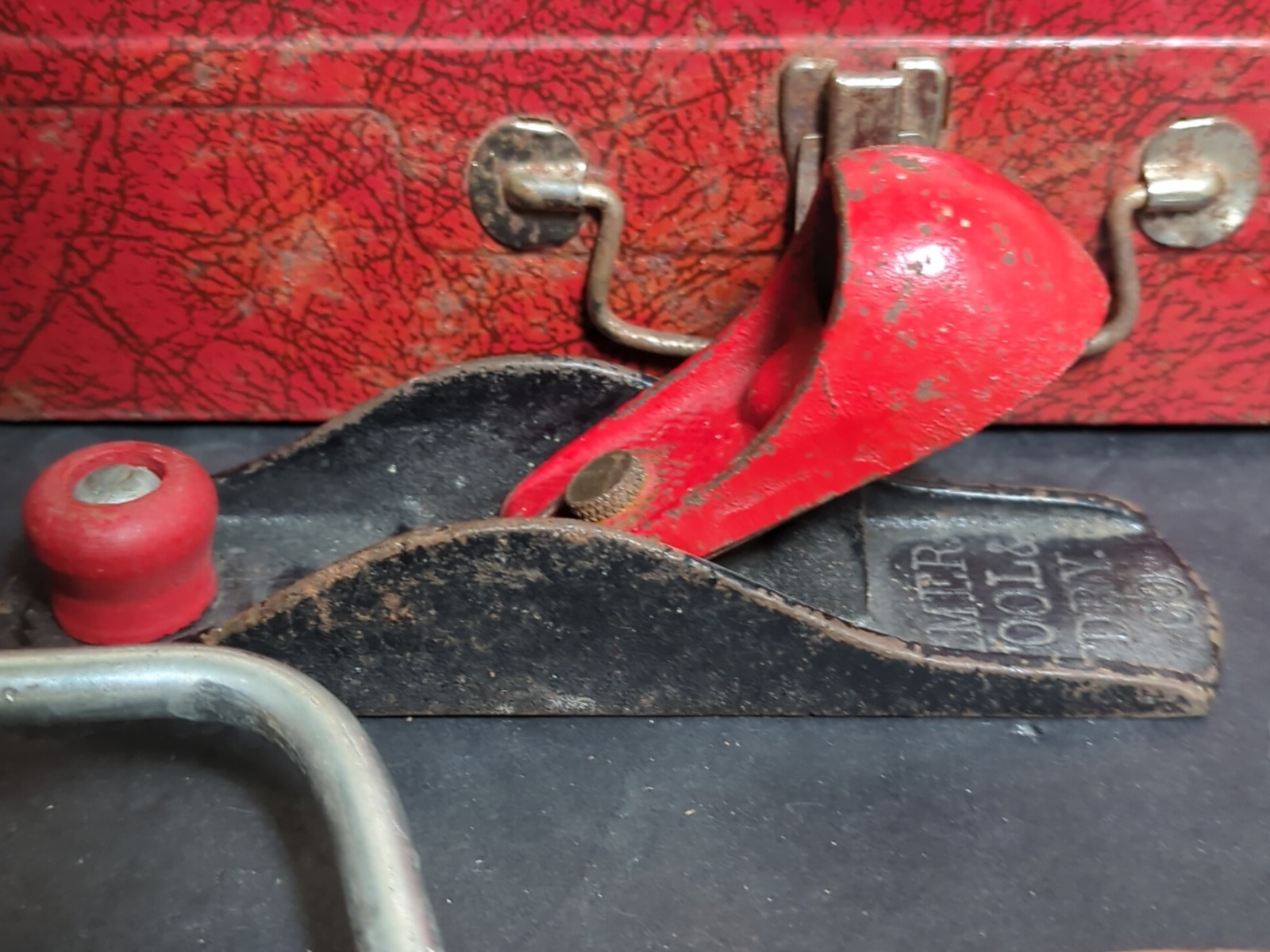 Vtg Red Metal Tool Box & Tools Plane Hand Drill Kids The American Teach N Fun