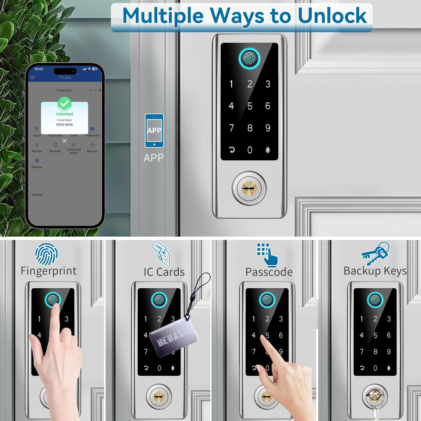 BEBASIA Smart Fingerprint Door Lock with Handle Set, Full App Satin Nickel