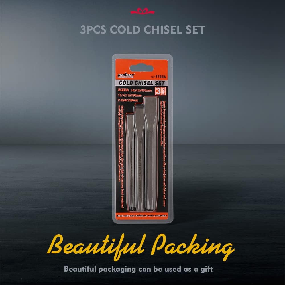 3-Piece Heavy-Duty Cold Chisel Set, 3/8″, 1/2″, 5/8″ Metal Chisels, Drop-Forged