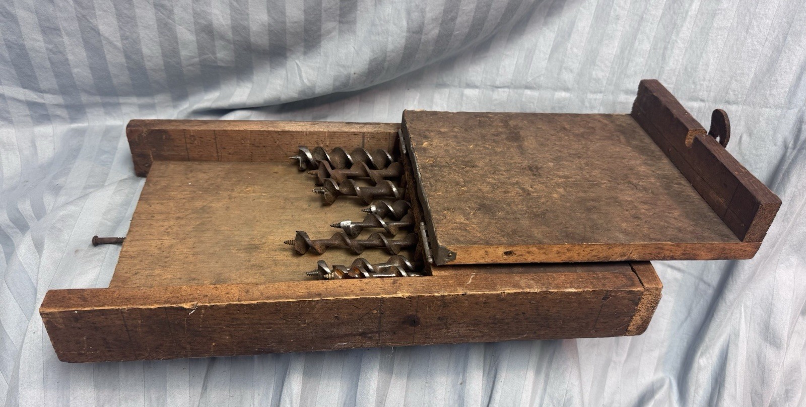 Lot of Nine Antique Wood Auger Bits w Tapered Square Shank And Wooden Case