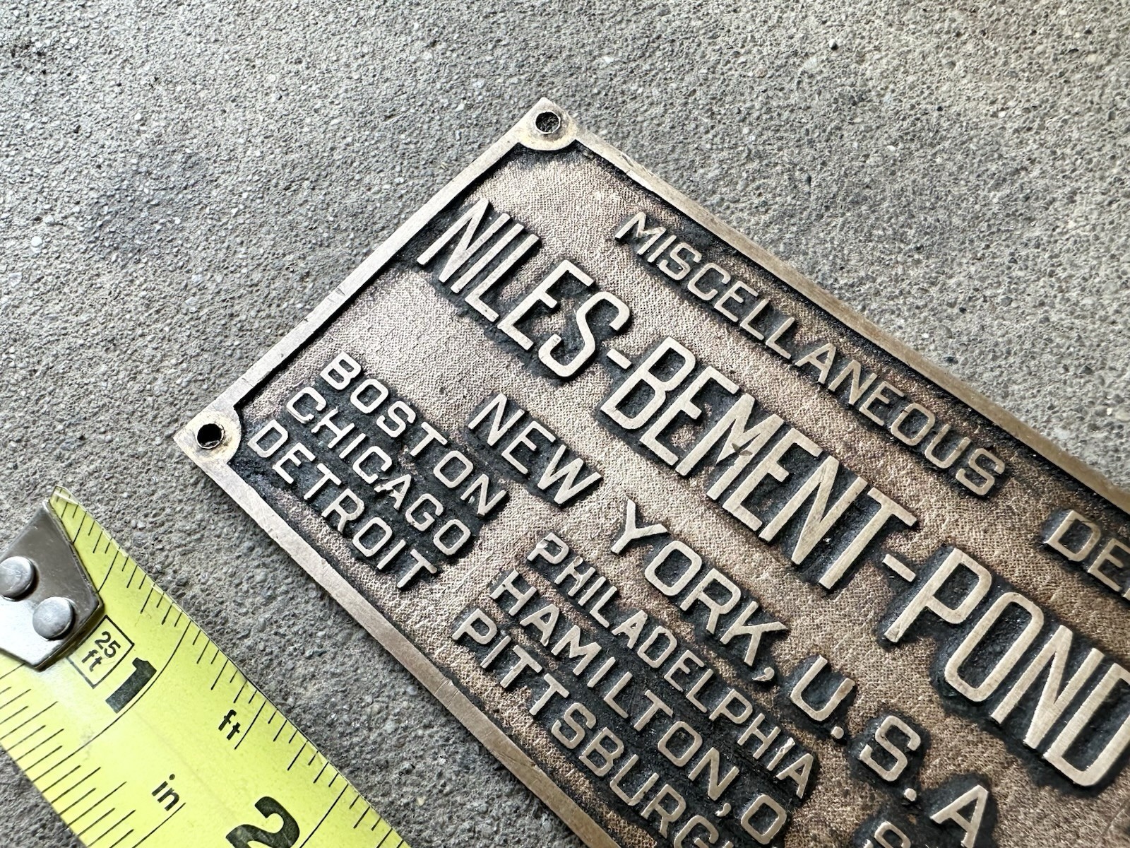 Antique Niles Bement Pond Co Brass Plaque Lathe Drill Drilling Tool Tag New York
