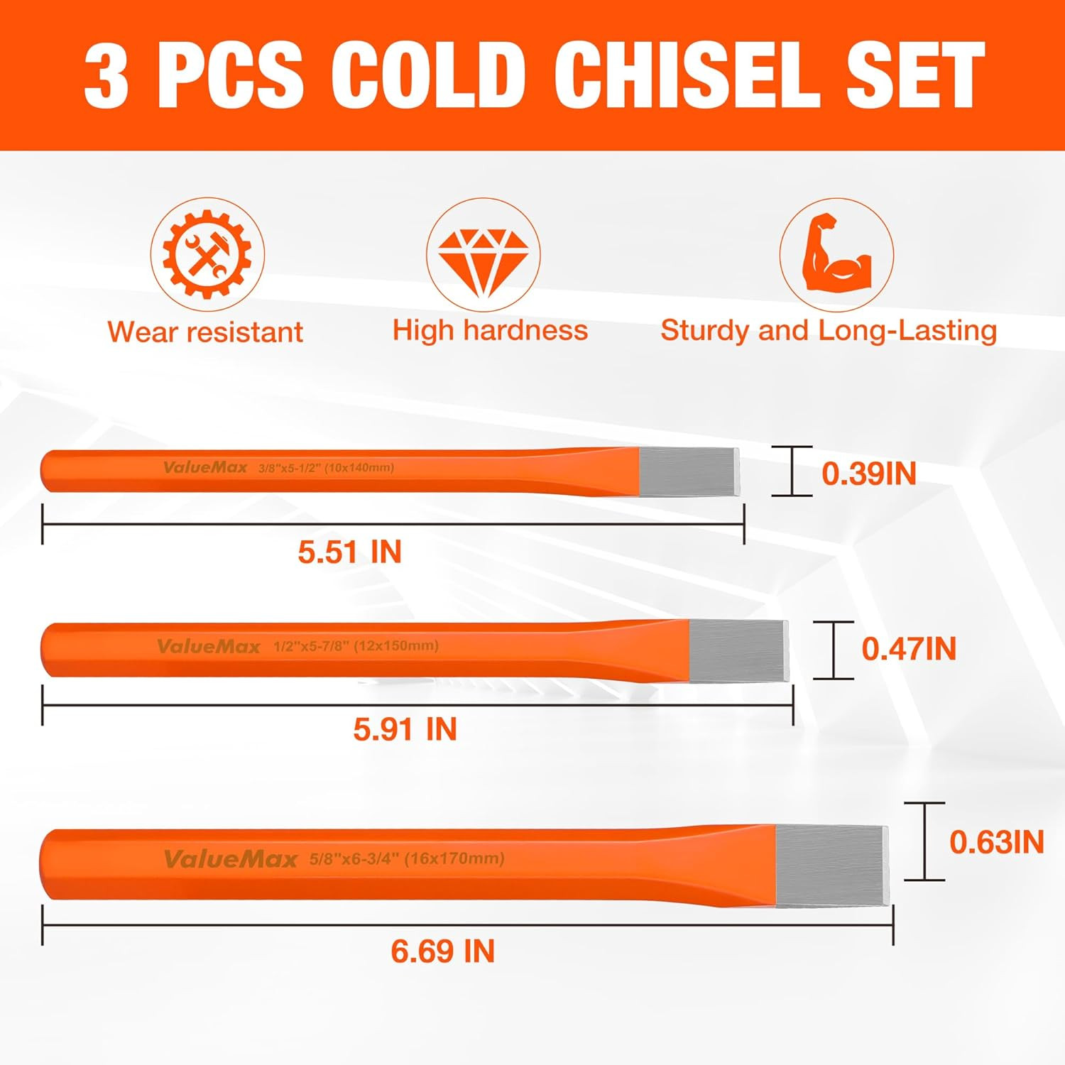 3-Piece Heavy Duty Cold Chisel Set, 3/8-Inch, 1/2-Inch & 5/8-Inch Metal Chisel S