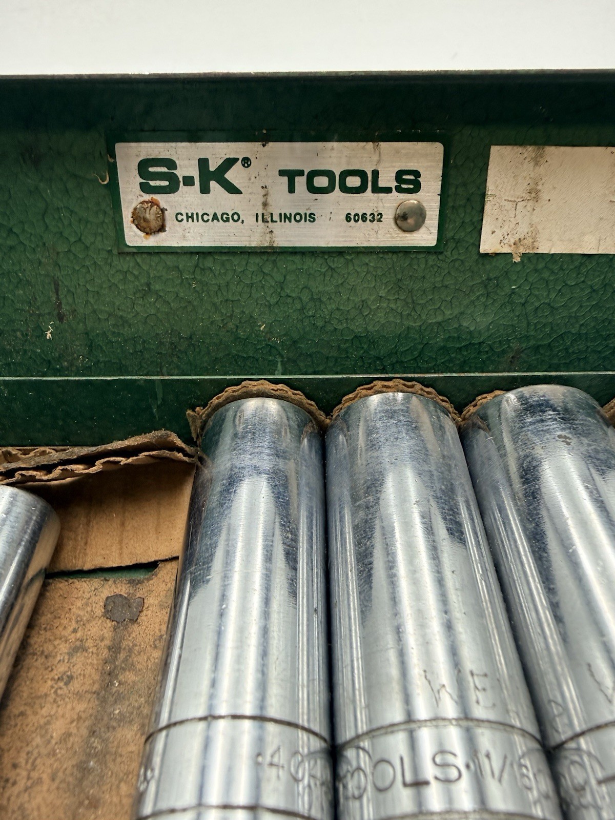 Vtg S-K WAYNE Tools 3/8″ Drive SAE 7pc Deep Well Socket Set In Orig. Metal Case
