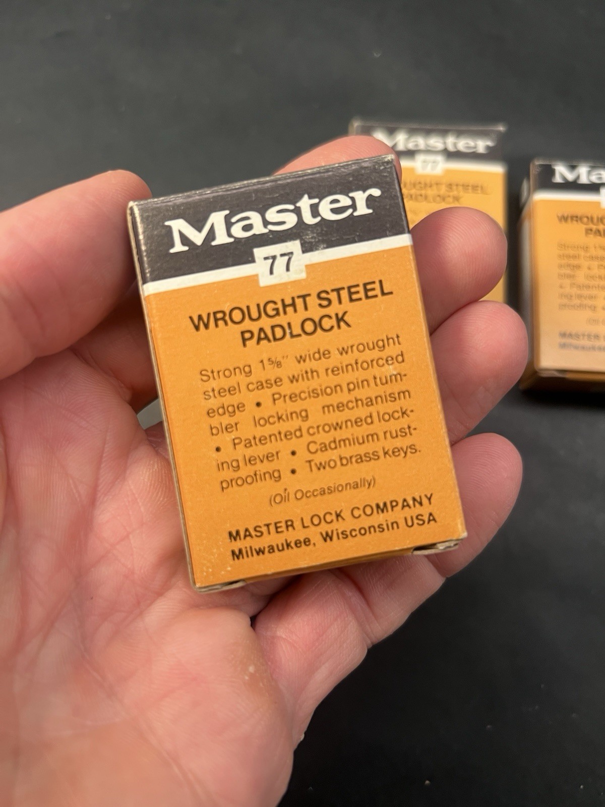 NOS Master Lock No. 77 Padlock Triple Set, Keyed Alike 3 Locks 5 Keys Box Lion