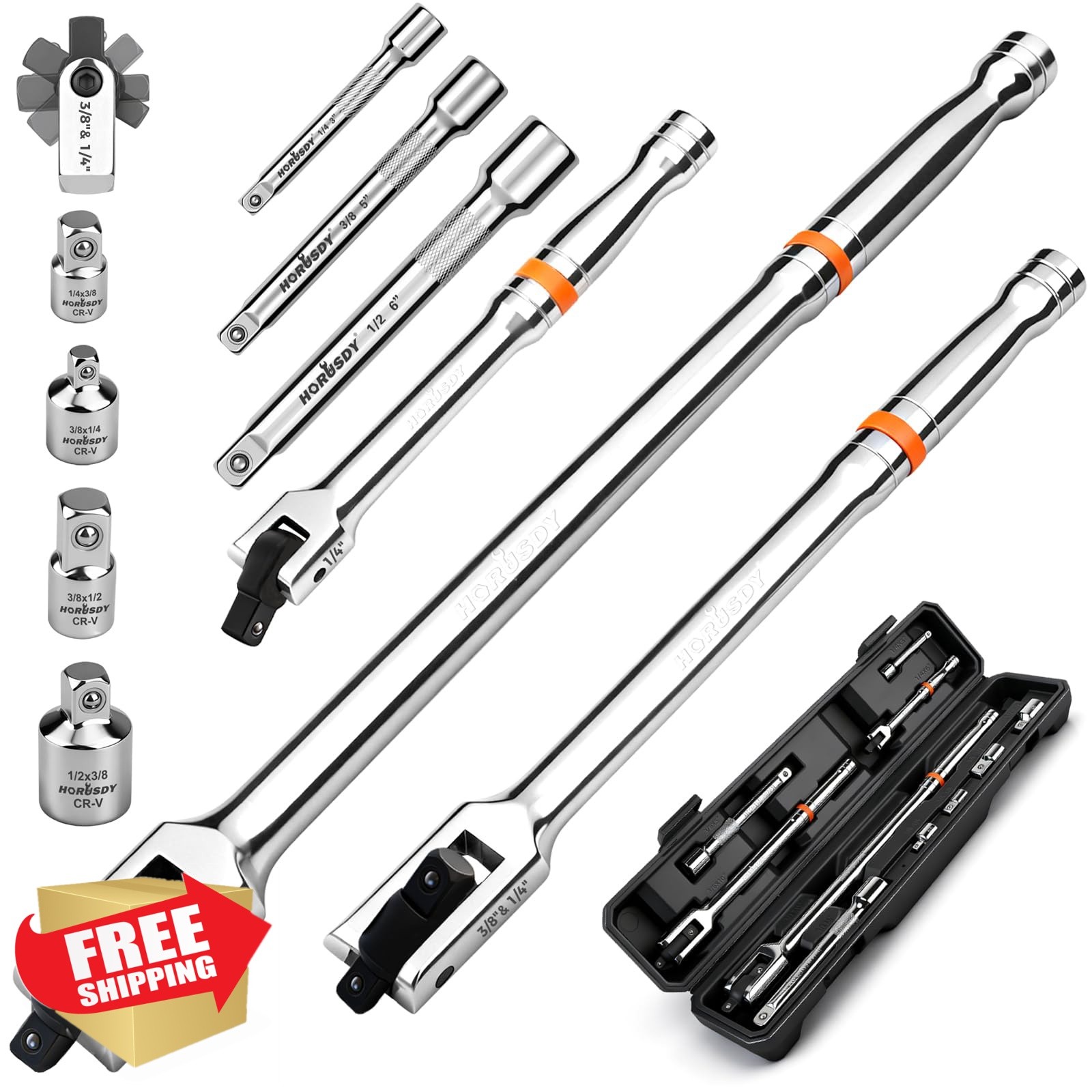 HORUSDY 10-Piece Dual-Drive Breaker Bar Set, Heavy-Duty Torque Kit with 360° …