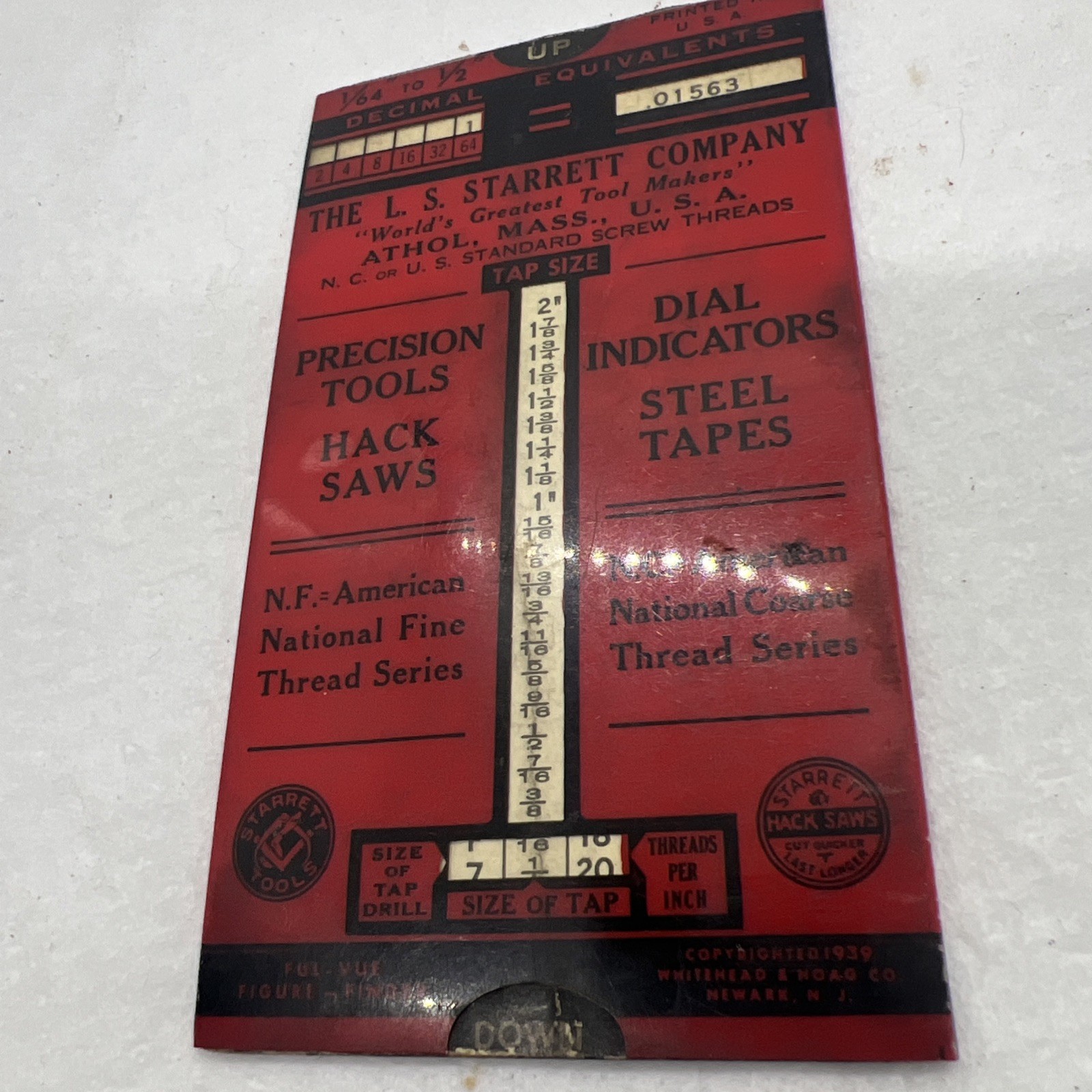 VINTAGE STARRETT DECIMAL EQUIVALENT & TAP DRILL SIZES POCKET CHART