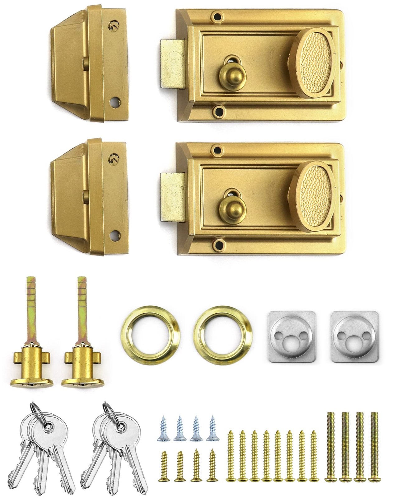 QWORK Night Latch Deadbolt Rim Lock with Key, 2Pack Gold Finish Antique