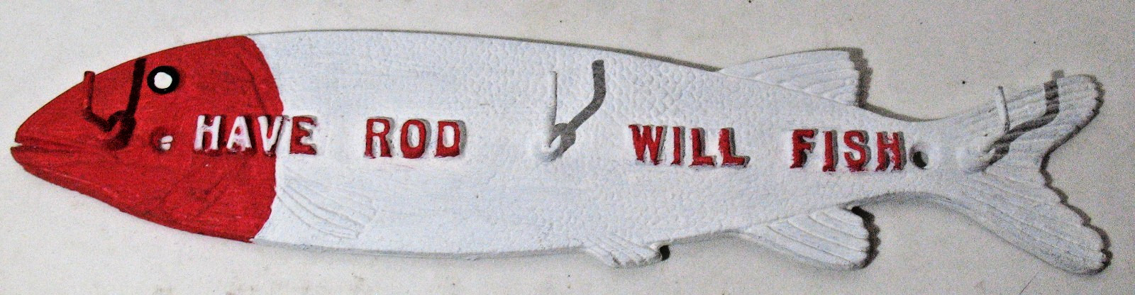 Vtg Painted Red + White Metal Have Rod Will Fish 3 Prong Key Holder Made in USA