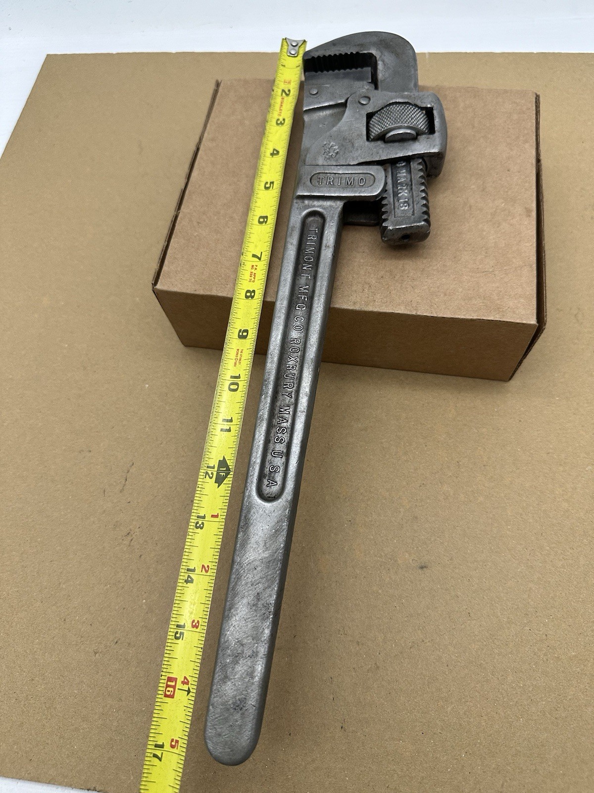 VINTAGE TRIMONT MFG CO TRIMO 18″ DROP FORGED SPRING PIPE WRENCH PAT 6/20/16 USA