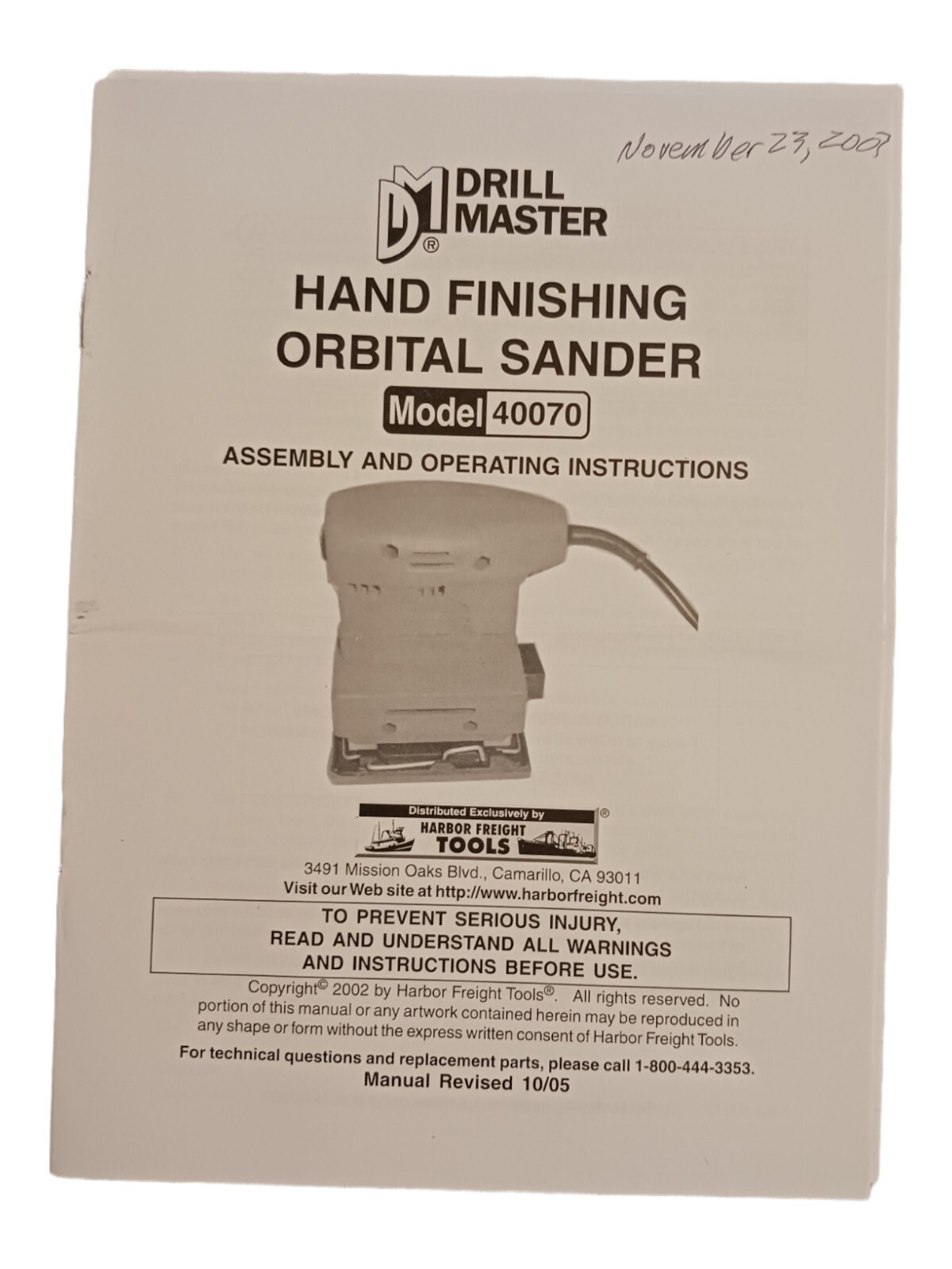 Drill Master Hand Finishing Orbital Sander Model 40070 Owners Guide Booklet