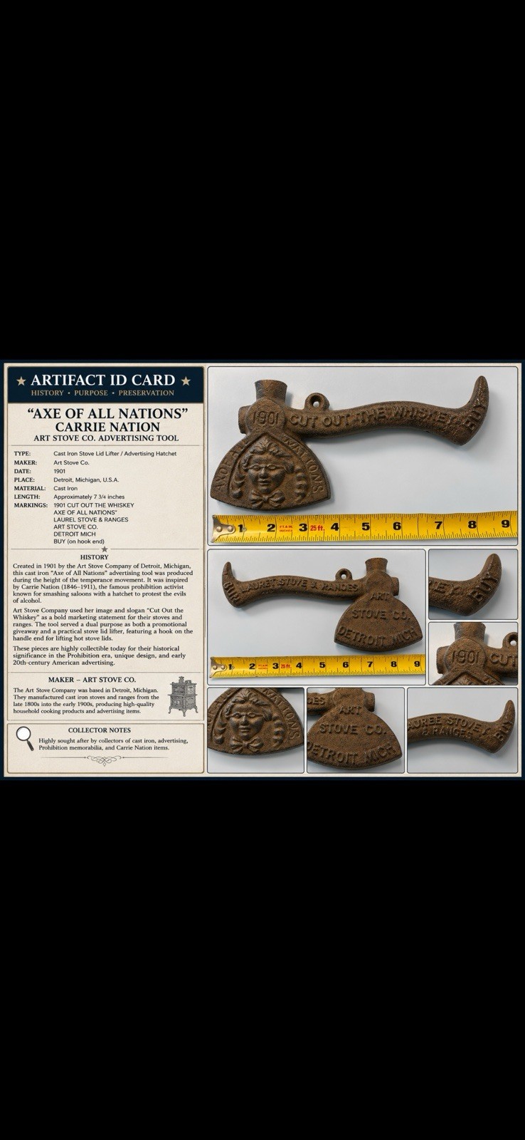 Old 1901 Carrie Nation hatchet/Stove Tool/Cast Iron Ad Prohibition Message