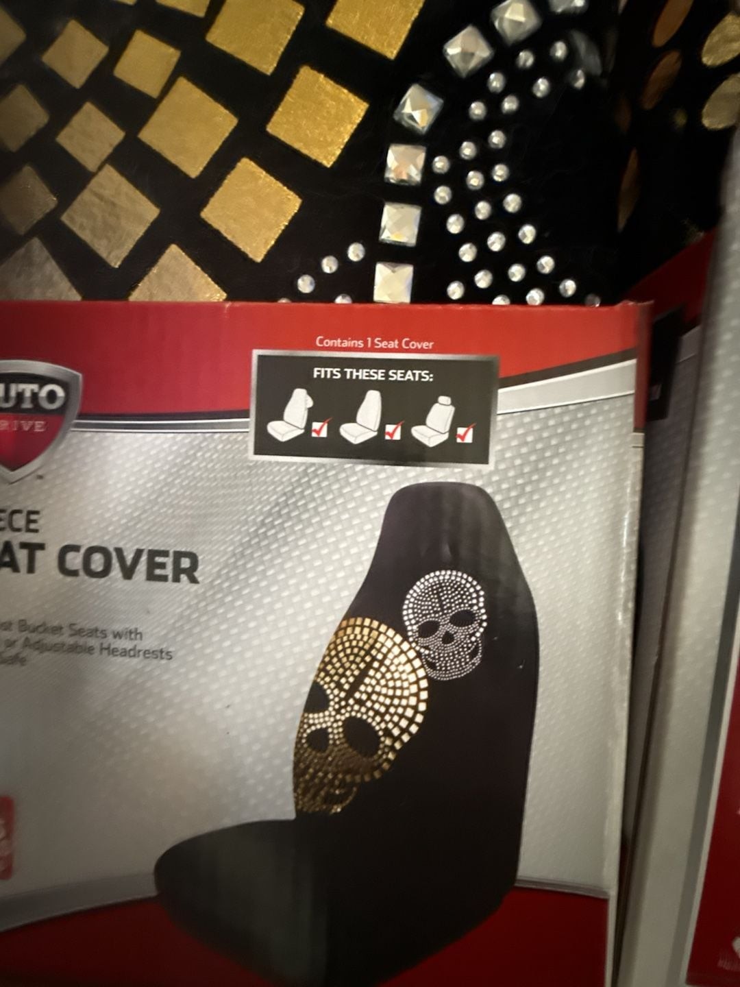 (Set of 2) Auto Drive 1-Piece Rhinestone Skull Bucket Seat Cover