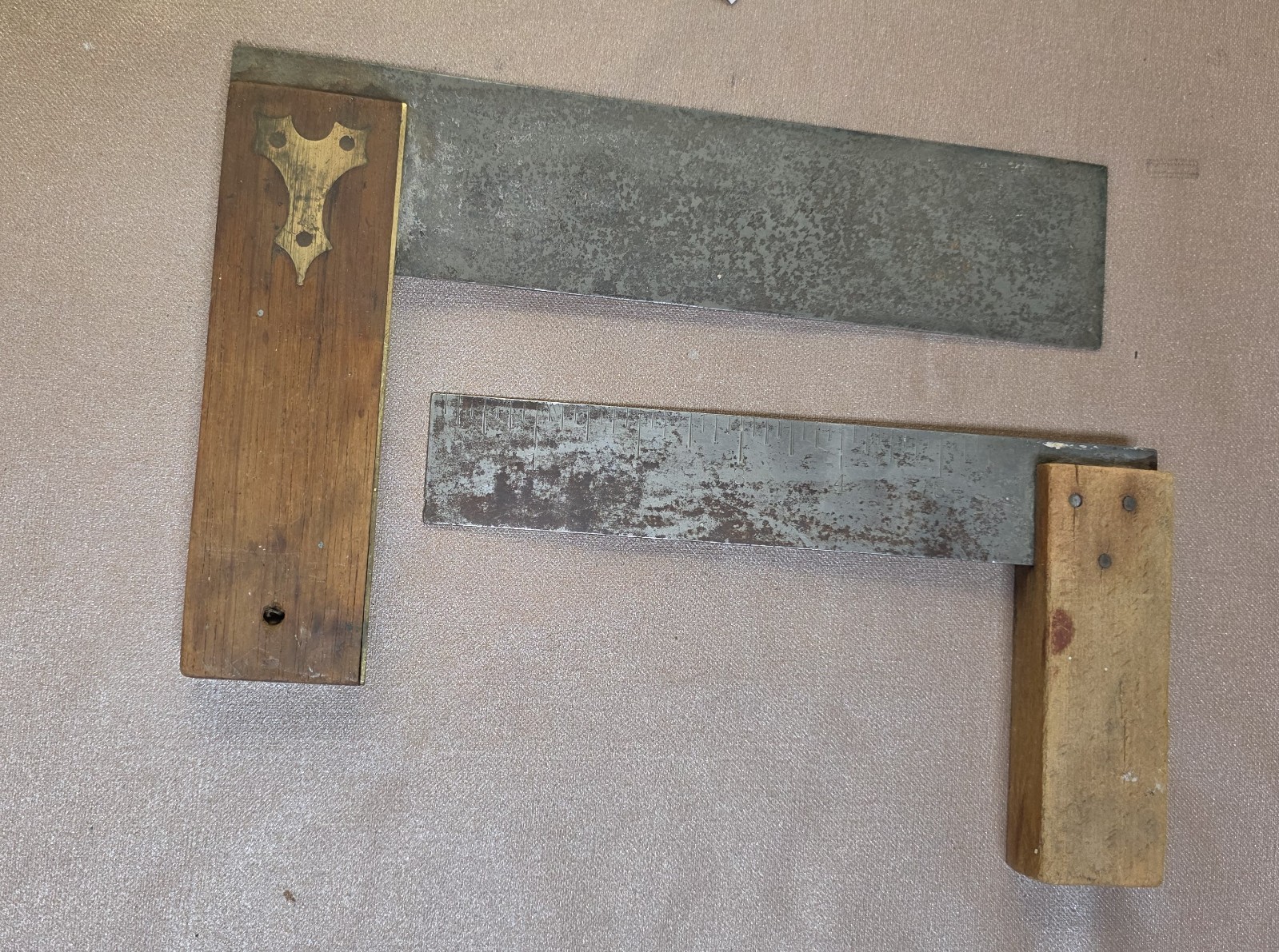 Antique Set of 2 Carpenter Wood & Steel T-Squares