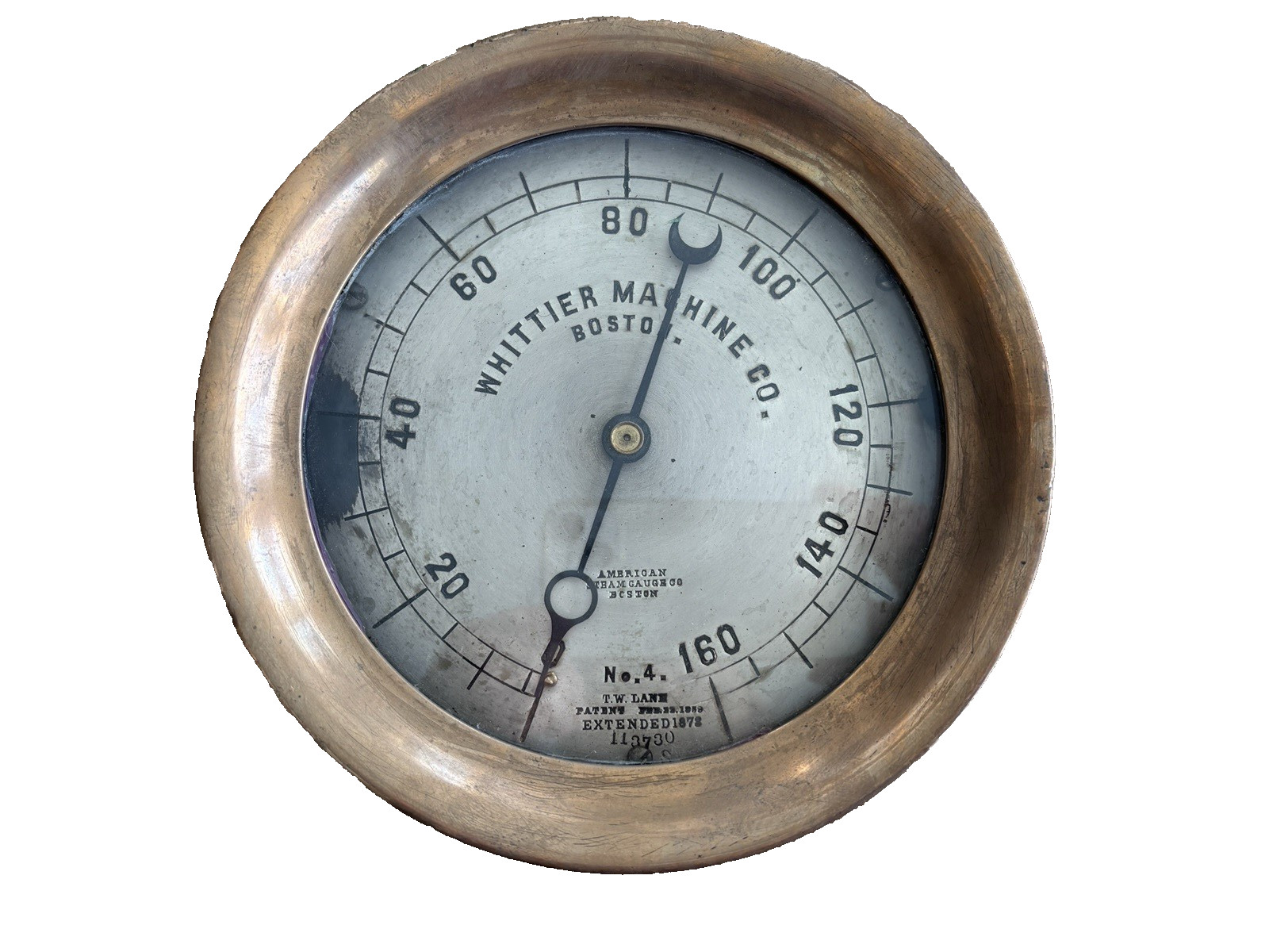 AMERICAN STEAM GAUGE CO. NO. 4 160 LB. FOR WHITTIER MACHINE CO. BOSTON 8-1/4″