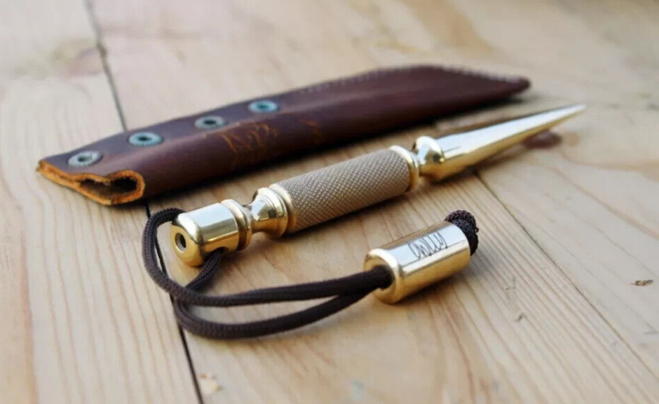 Marlin Spike Knurled Handle, Brass Collectible and Knot Tool for Hiking and Camp
