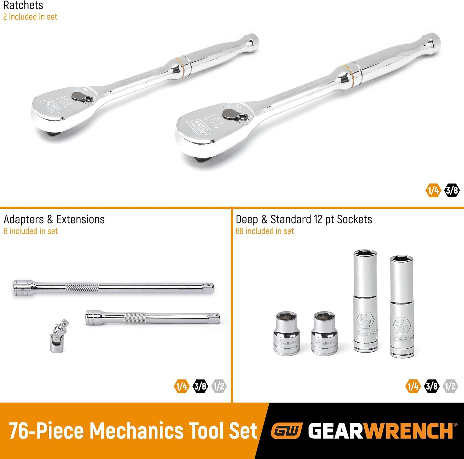 GEARWRENCH 76 Pc. 1/4″ & 3/8″ Drive 12 Pt. Standard & Deep Mechanics Tool Set…
