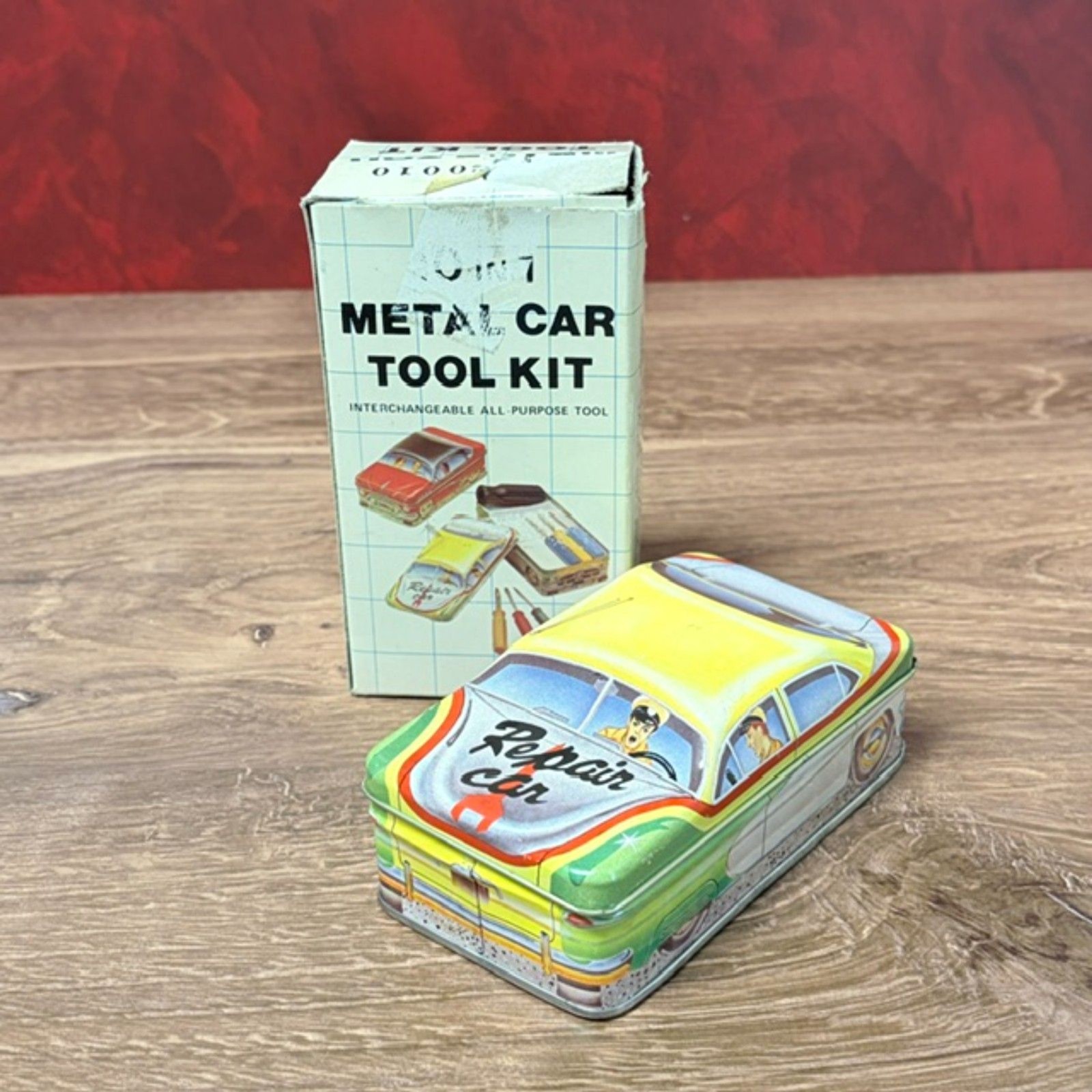 Vintage 10 in 1 Metal Car Tool Kit Hong Kong Tin Box Missing 1 Driver AS IS
