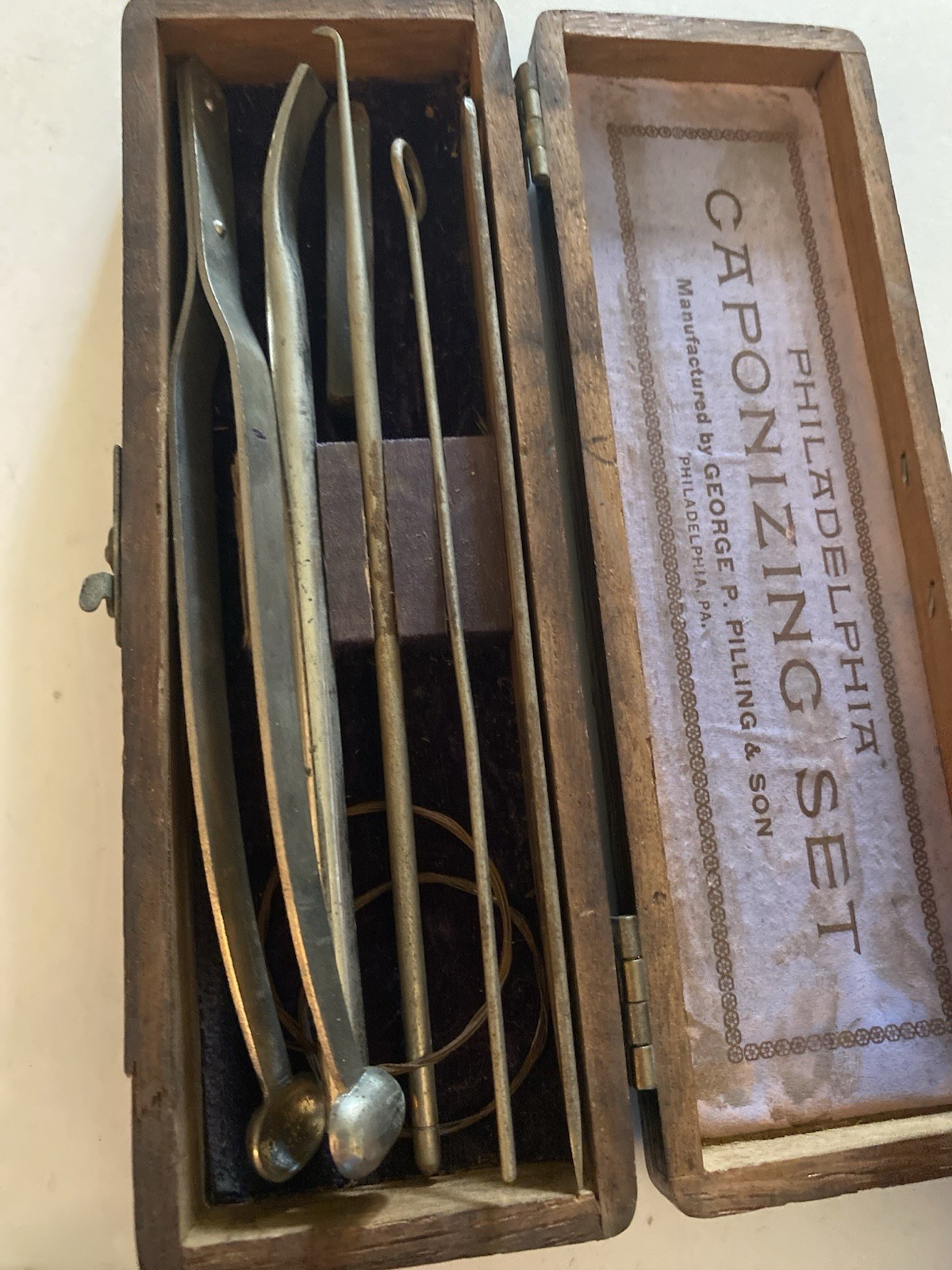 Antique Philadelphia Caponizing Set By George G Pilling And Son In Wooden Box