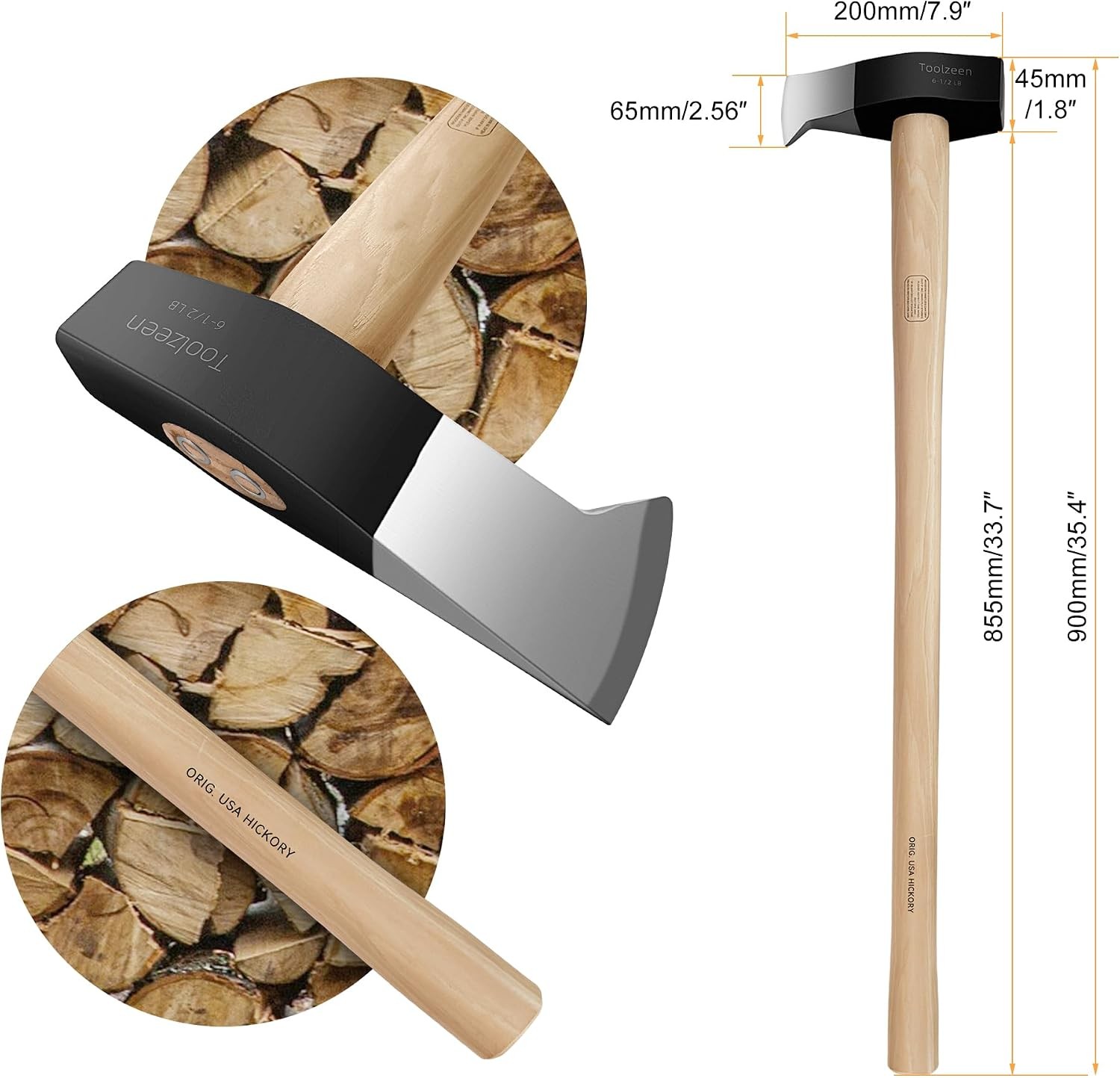 Heavy Duty 6.5 Lbs Splitting Maul Axe with 36″ Ergonomic Hickory Handle